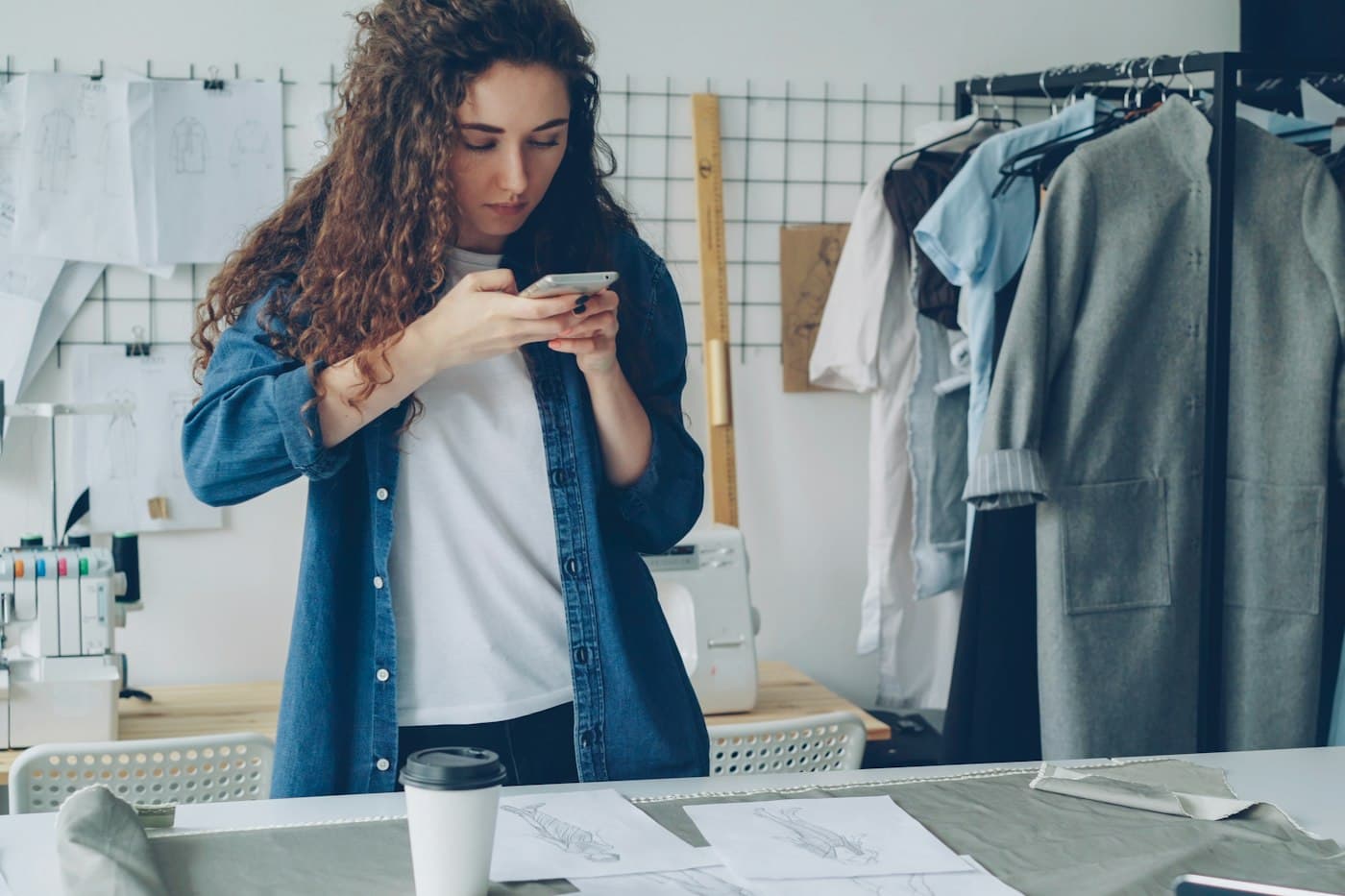 Emprendedora de ropa sacándole fotos con el celular a las prendas de su tienda online, en su taller