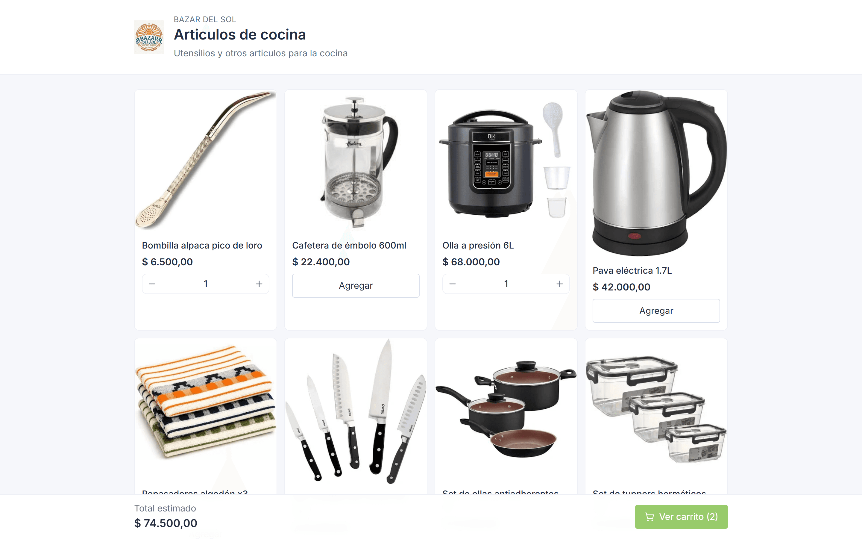 Vista pública de un catálogo con la grilla de productos, sus fotos y precios