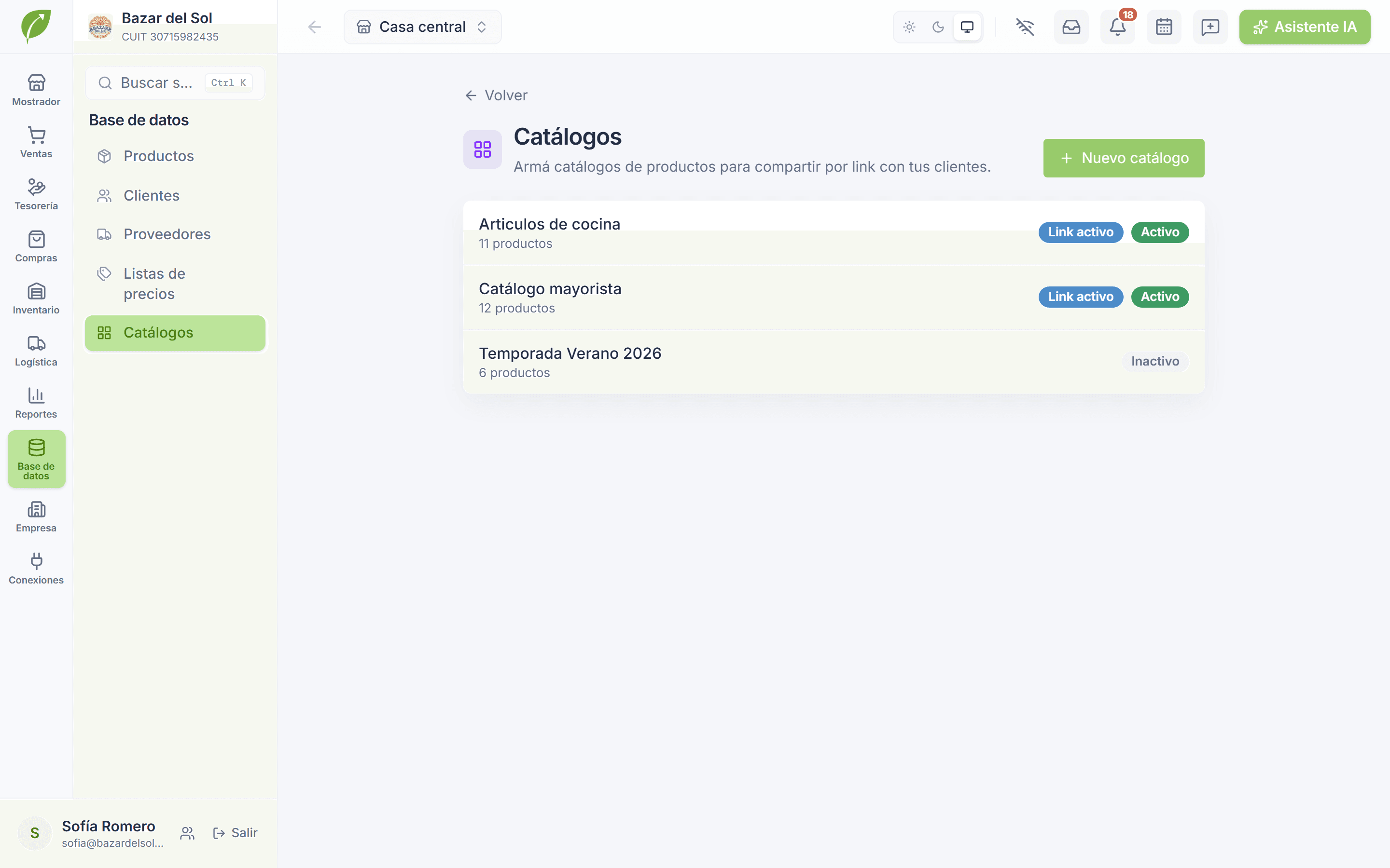 Listado de catálogos con la cantidad de productos de cada uno y su estado de link