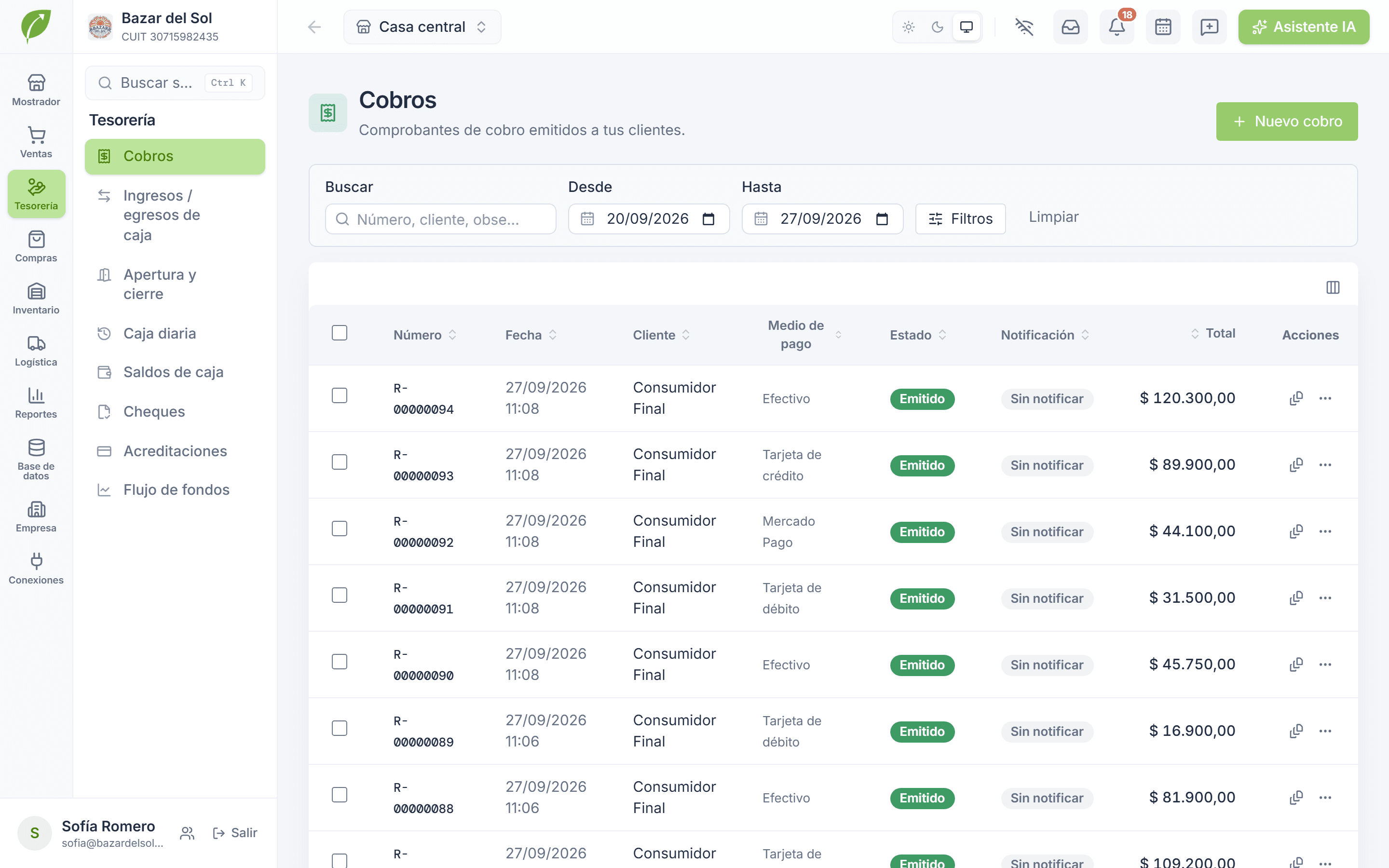 Cobros registrados en Tilo