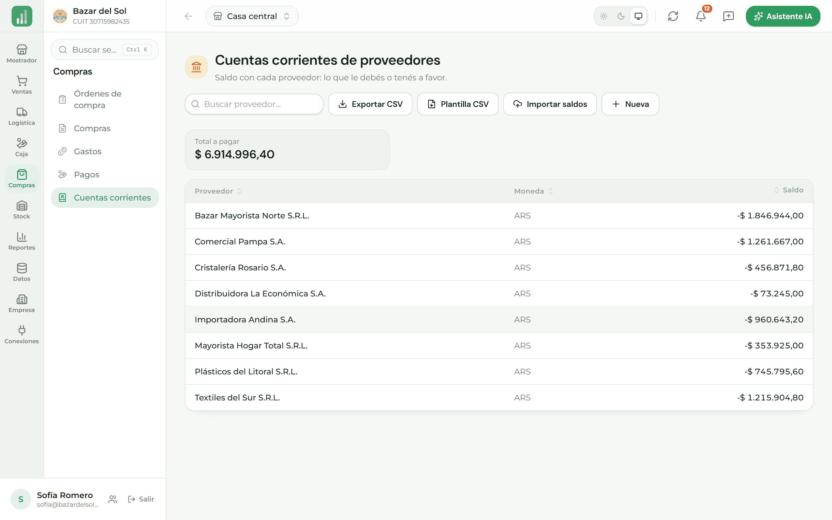 Cuenta corriente de proveedor con sus comprobantes y saldo