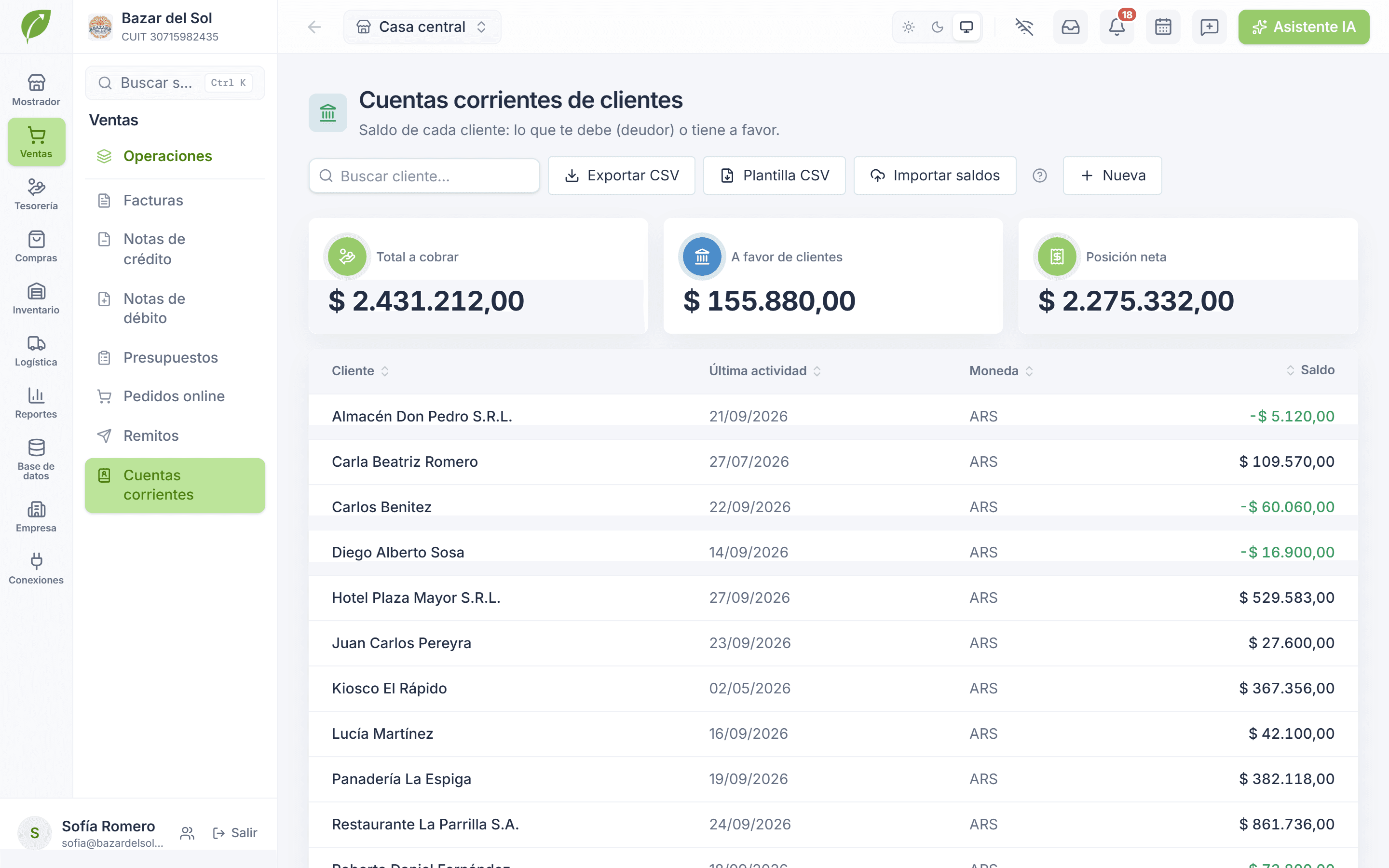Cuentas corrientes de clientes en Tilo