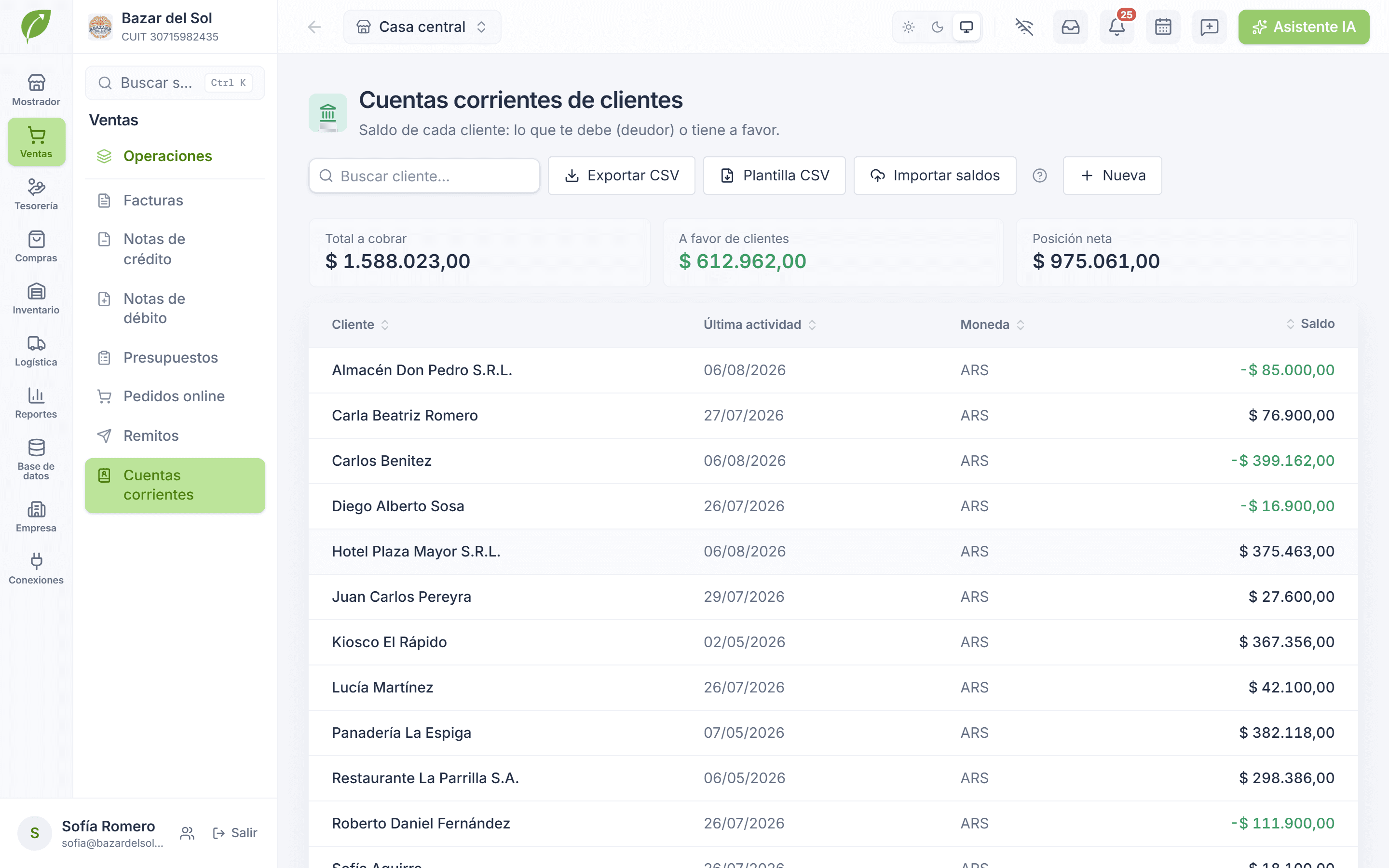 Cuentas corrientes de clientes con saldos y antigüedad