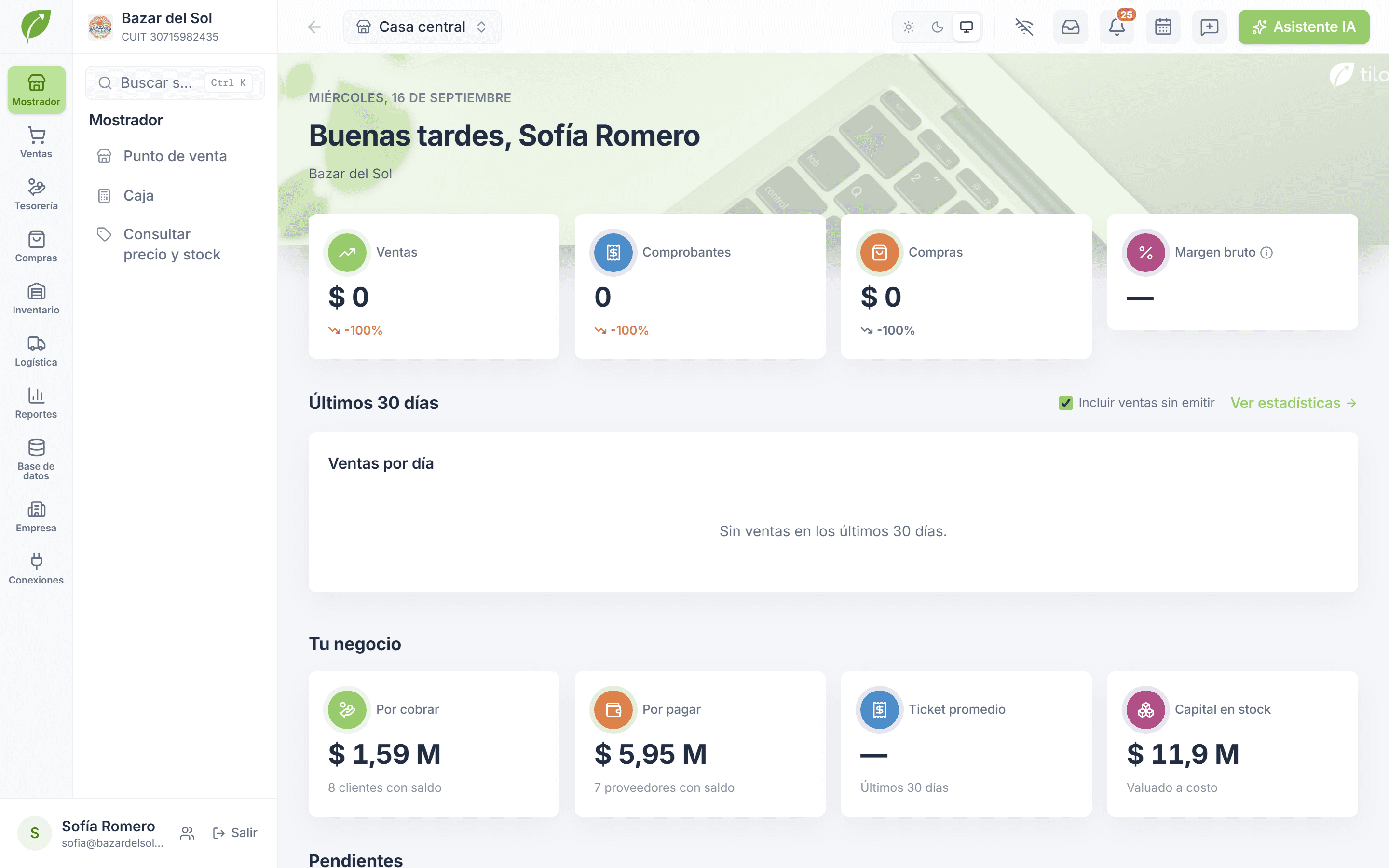 Panel de Tilo con ventas del período, cobros y saldos