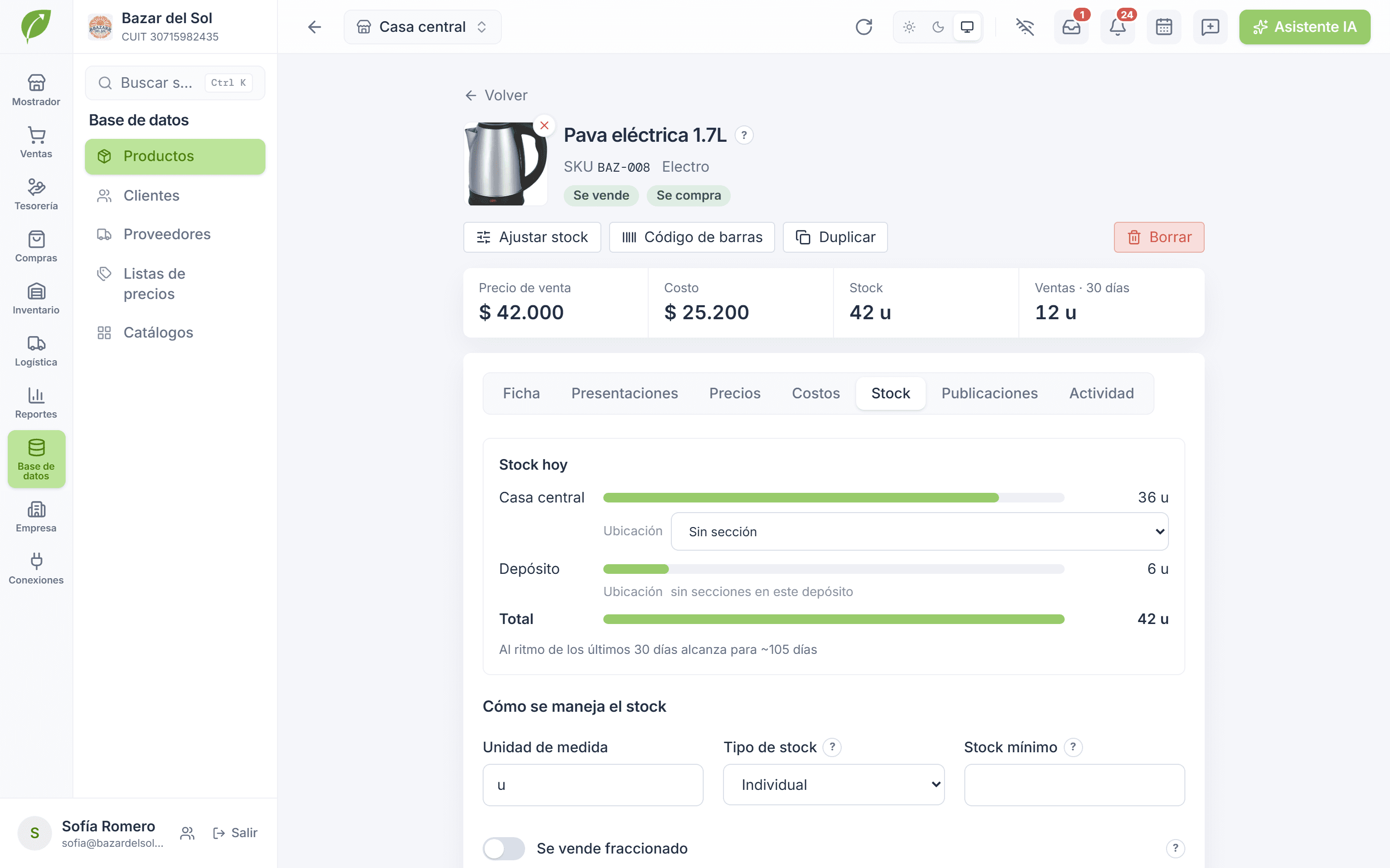 Ficha de un producto con su stock por depósito