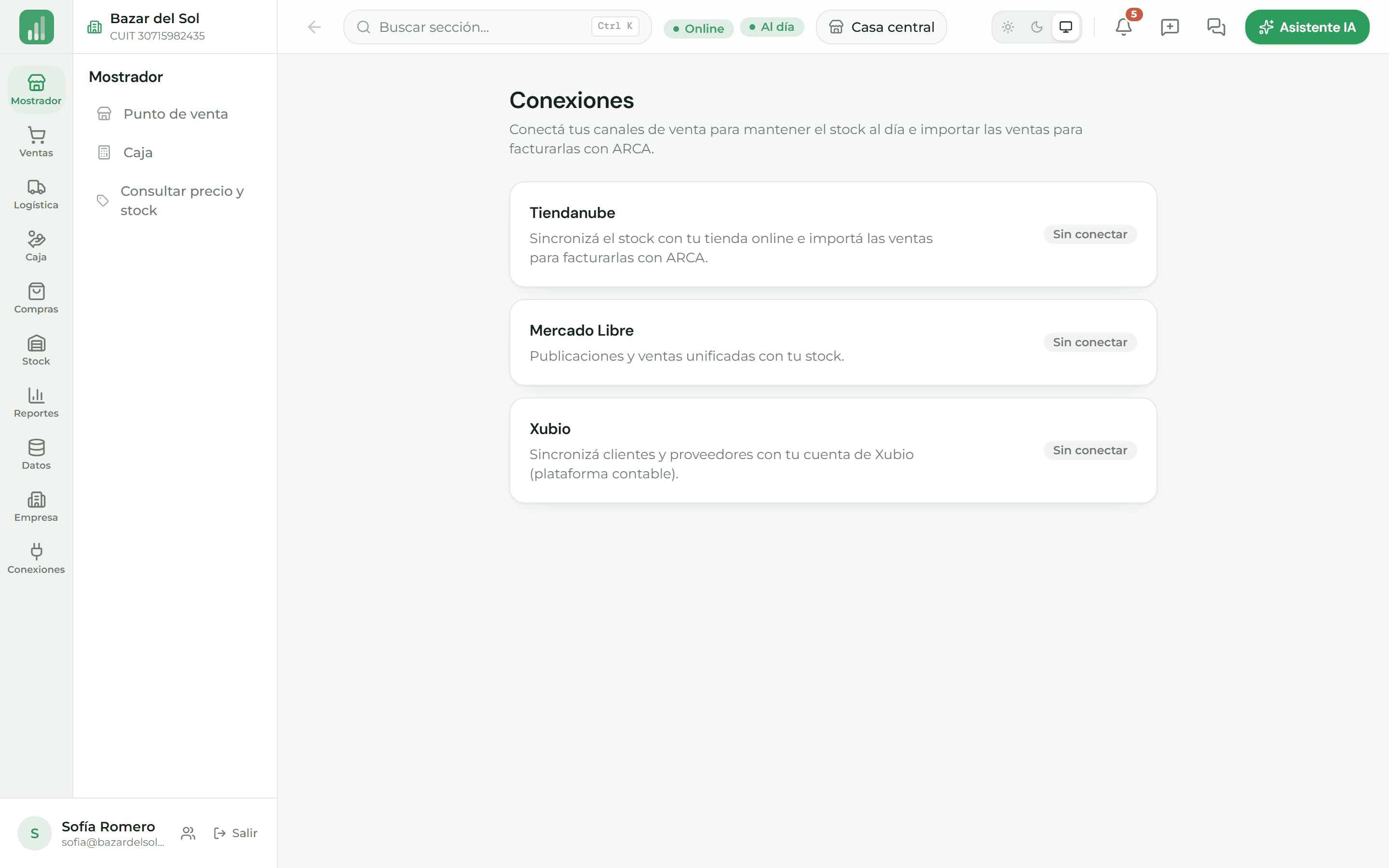Pantalla de conexiones con los canales de venta conectados