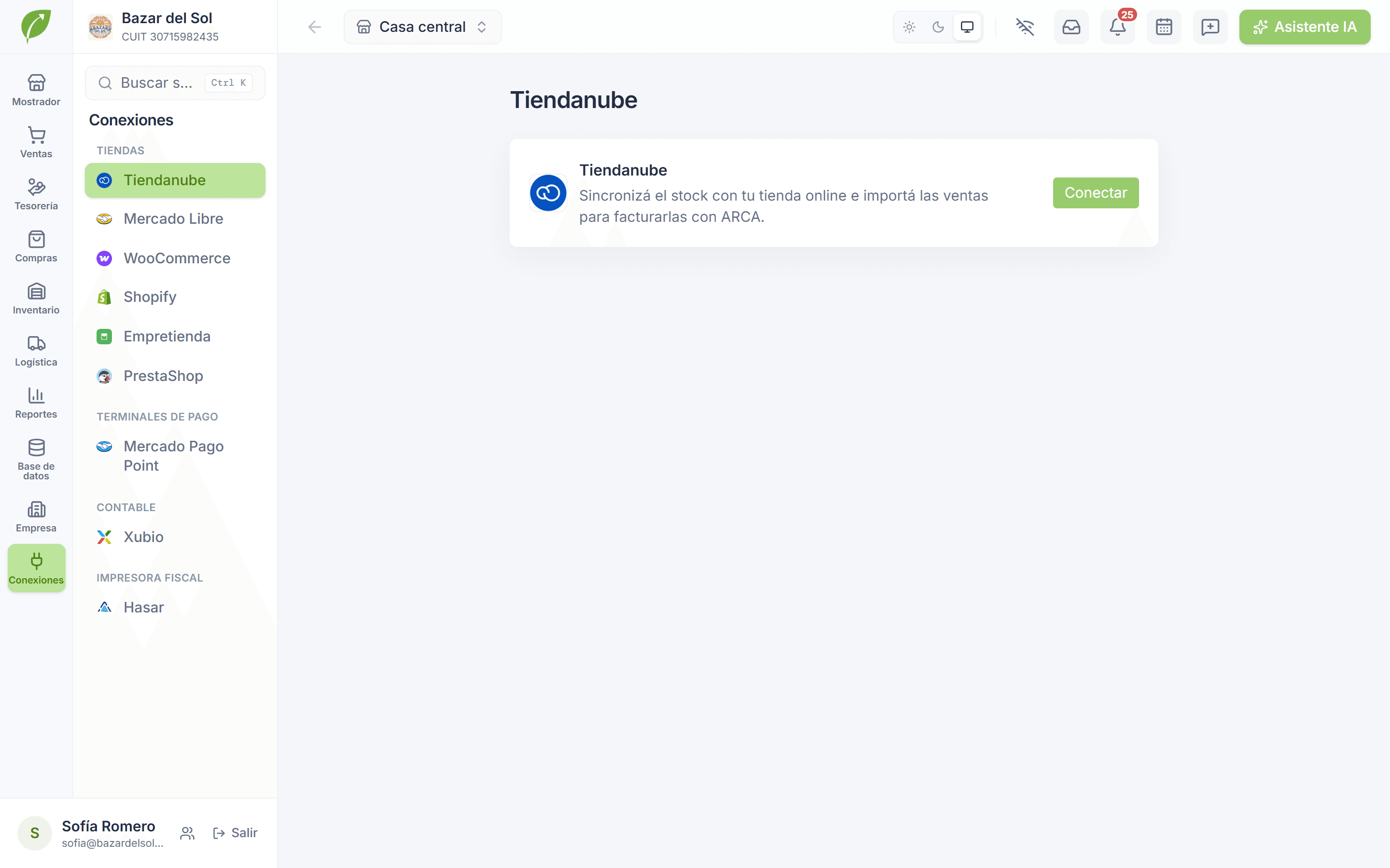 Pantalla de conexiones con los canales de venta conectados
