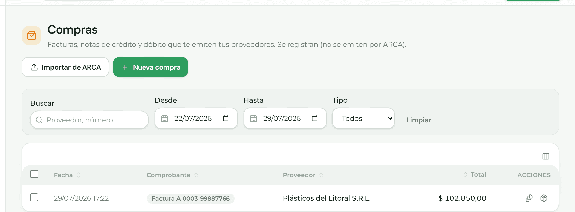 Listado de compras con facturas, notas de crédito y notas de débito juntas
