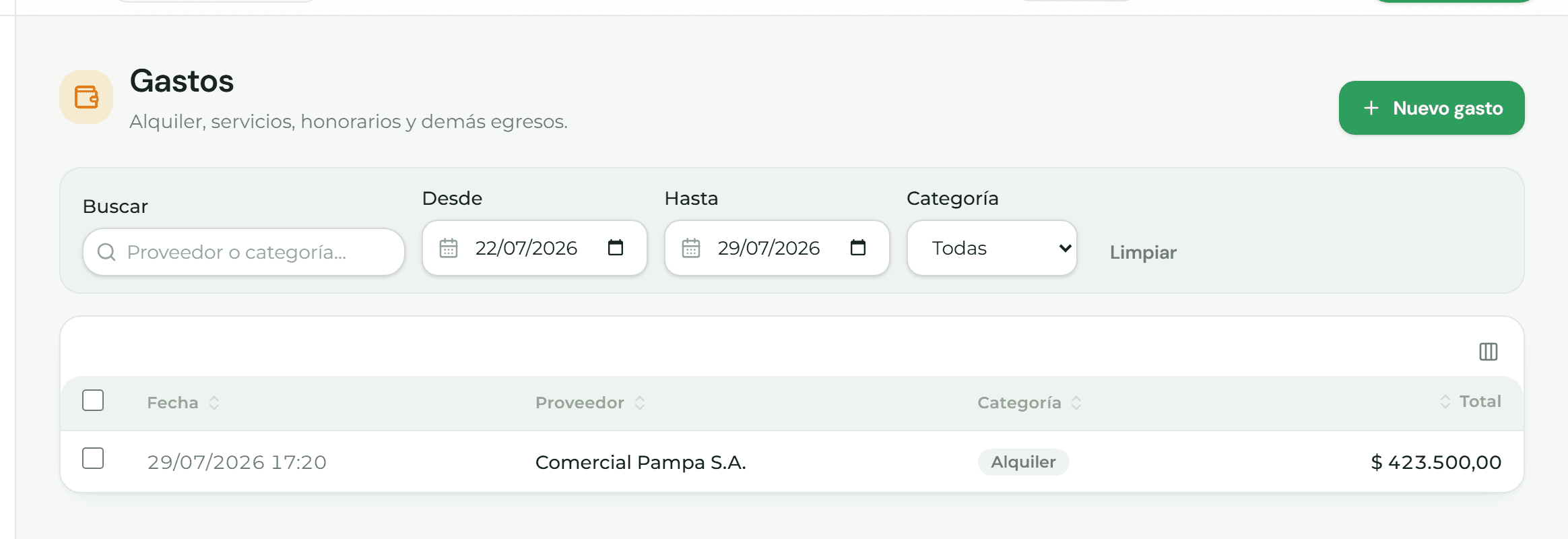 Listado de gastos con su categoría
