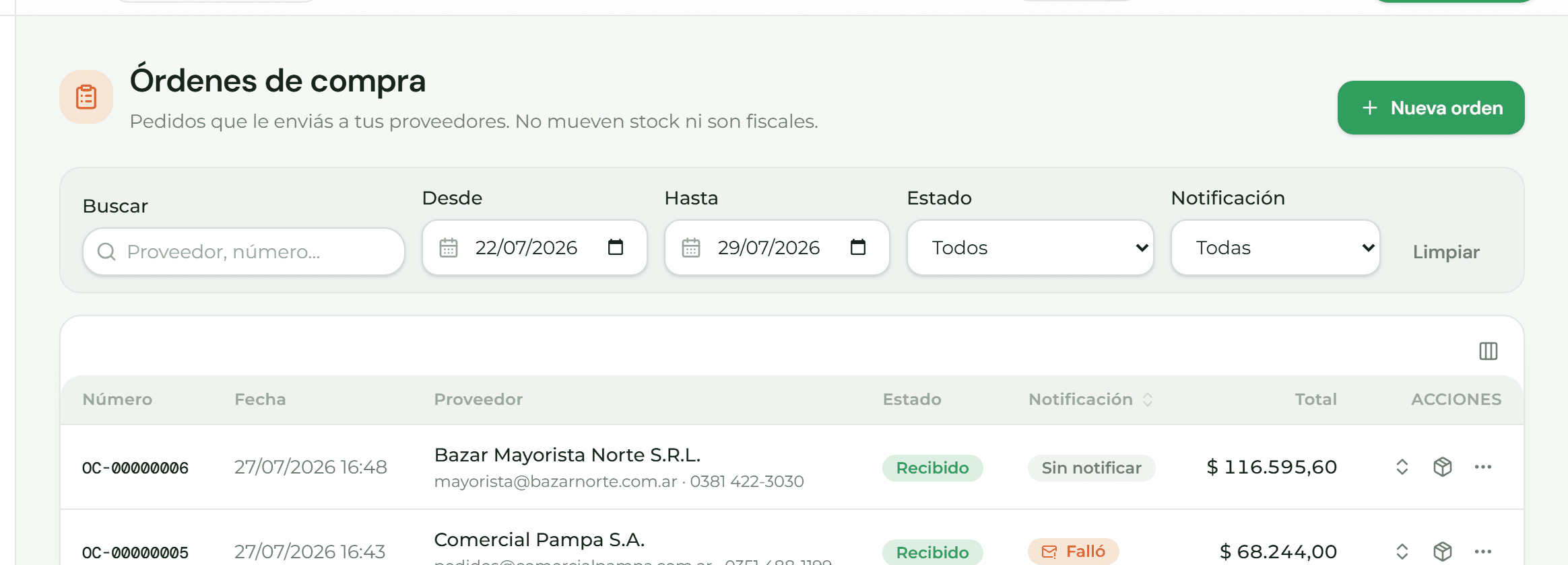 Listado de órdenes de compra con su estado