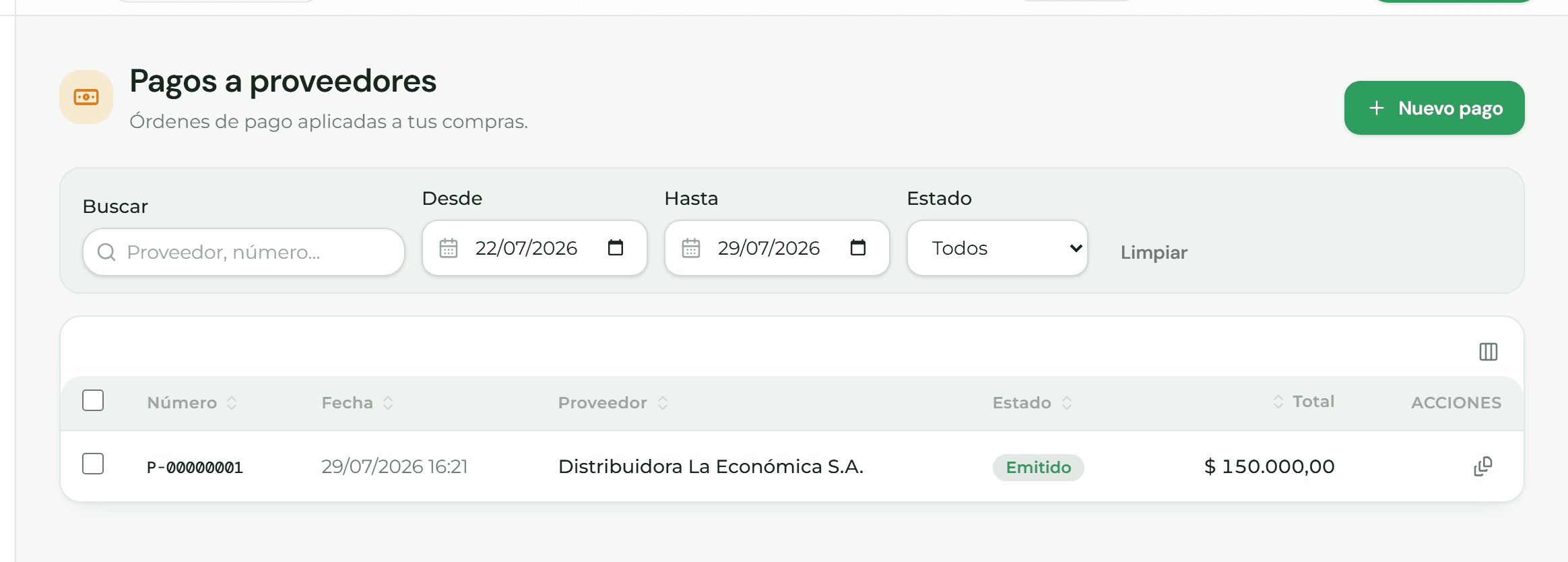Nuevo pago a proveedor con sus facturas pendientes y los medios de pago