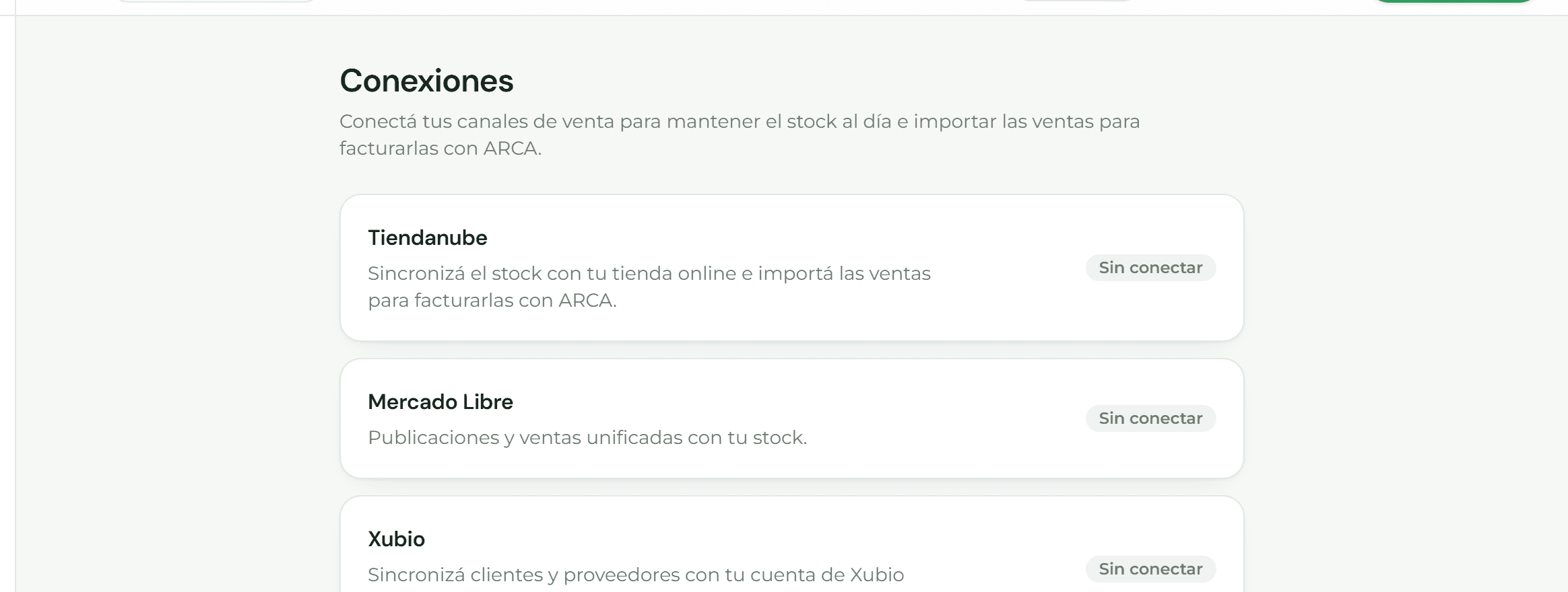Pantalla de conexiones con las plataformas disponibles