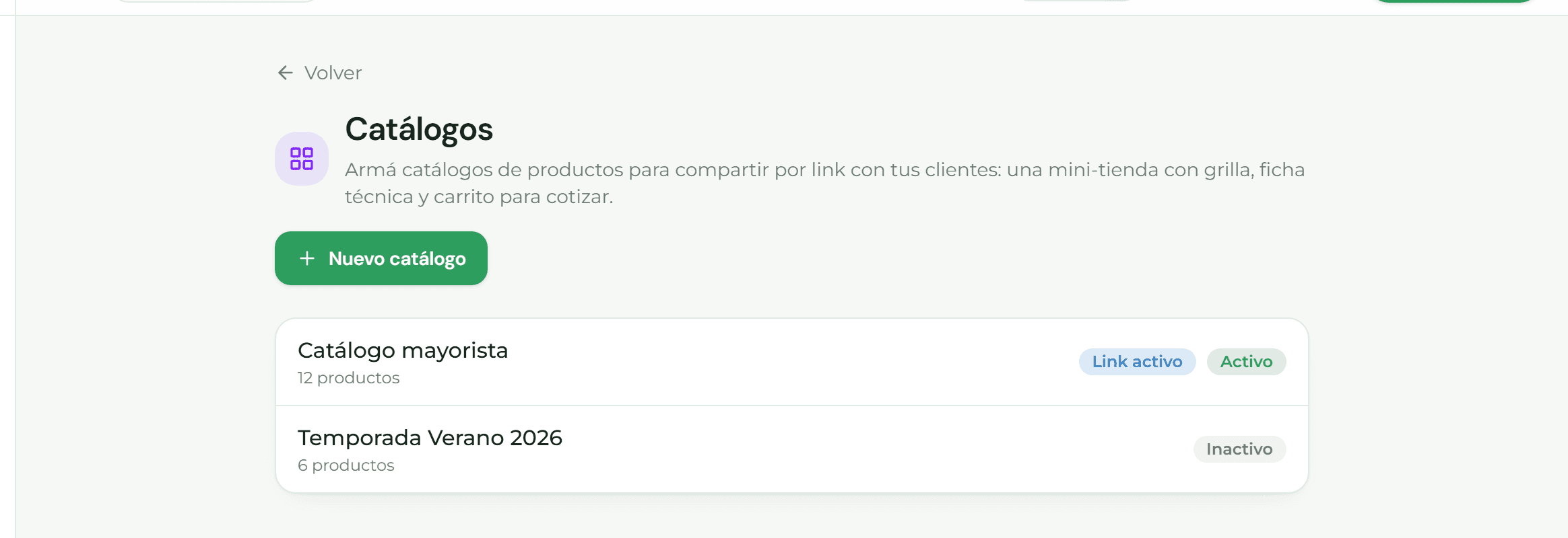 Listado de catálogos con su estado de link