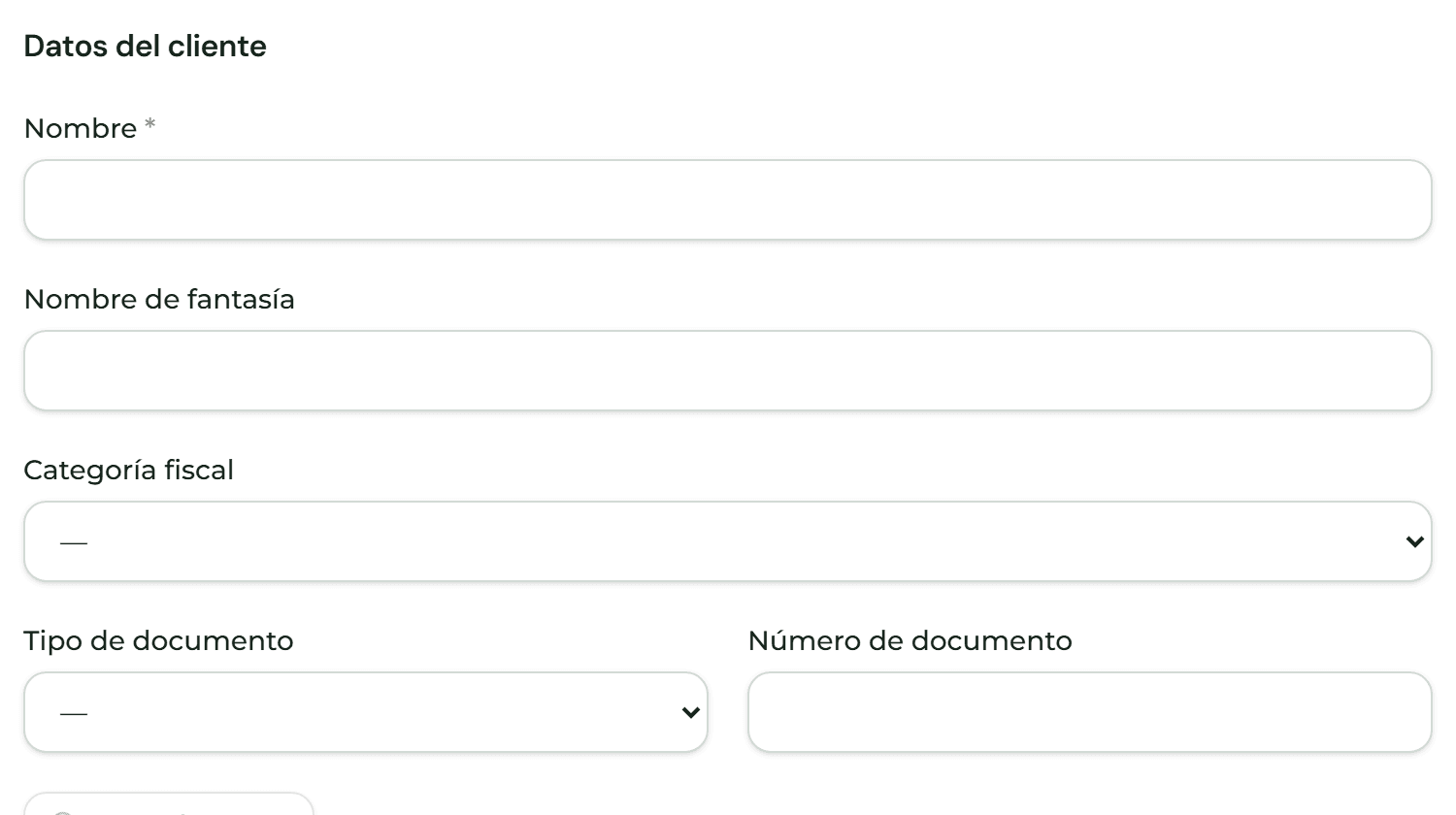 Ficha de un cliente nuevo con sus campos principales