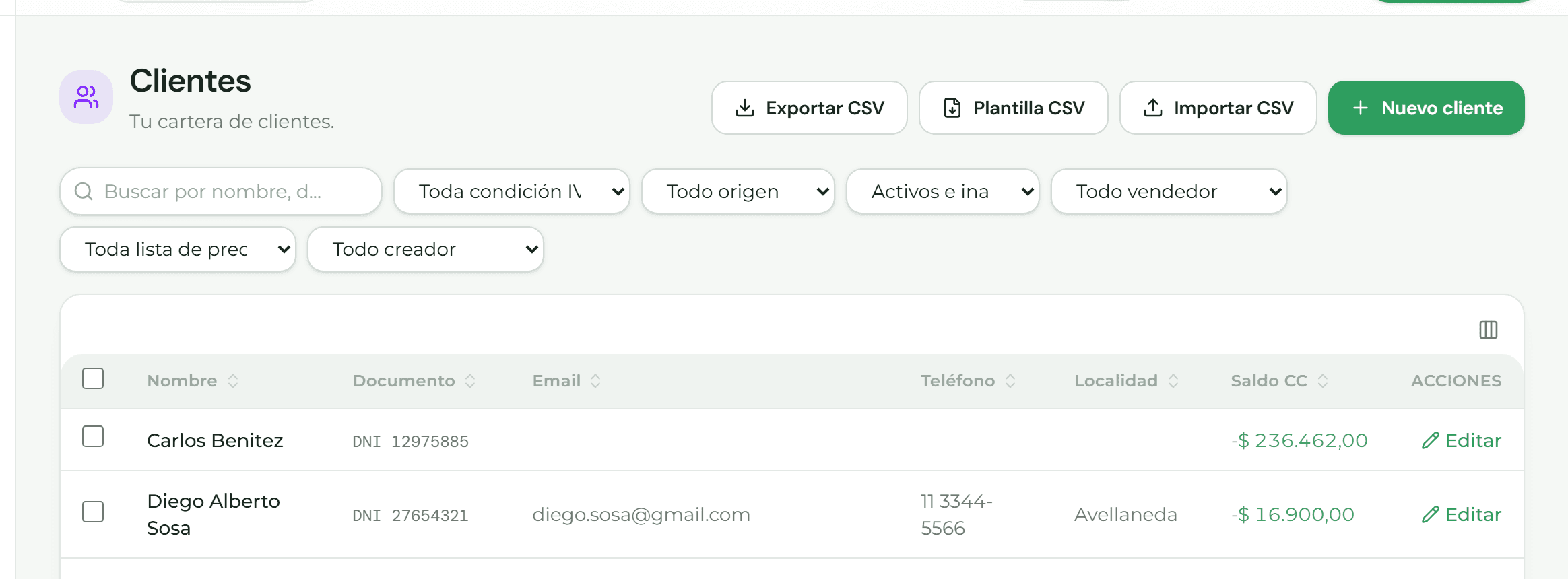 Listado de clientes con sus filtros de búsqueda