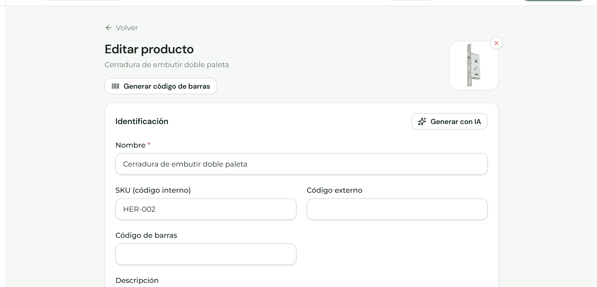 Ficha de un producto con los campos SKU, código externo y código de barras