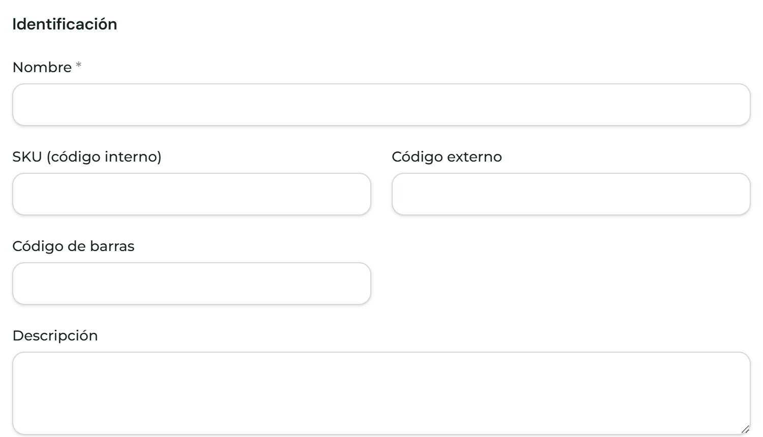 Ficha de un producto nuevo con sus secciones