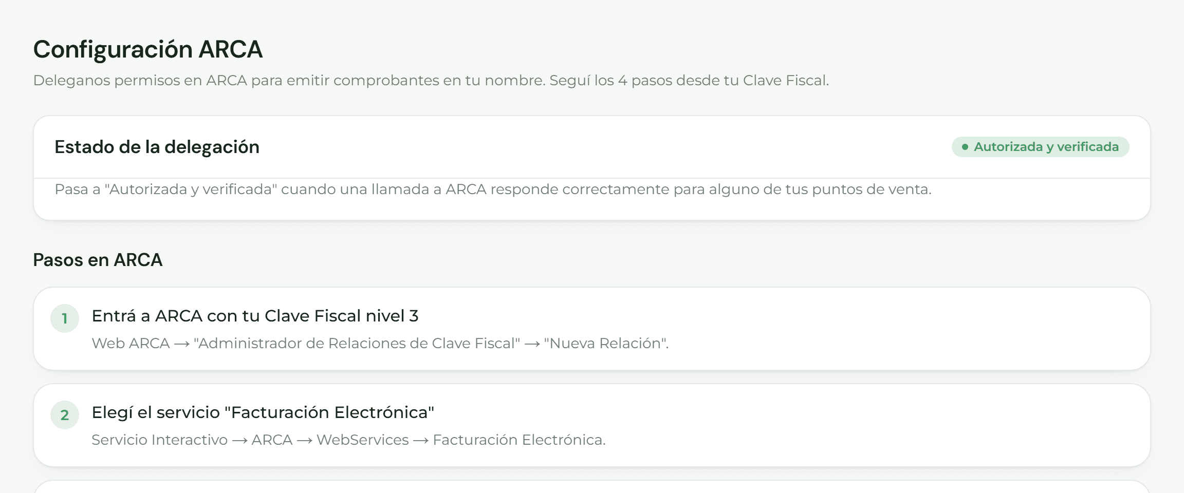 Pantalla de configuración de ARCA con el estado de la delegación y los pasos