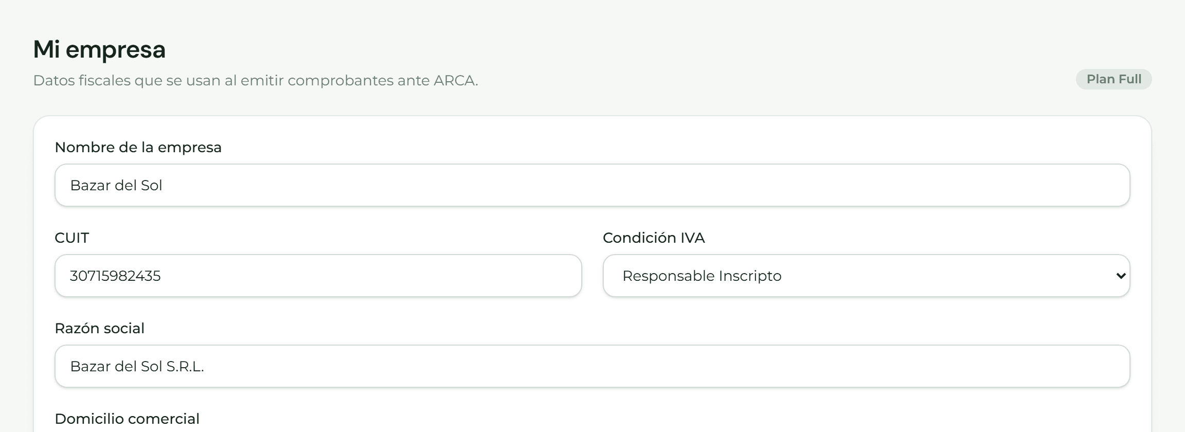 Pantalla de datos de la empresa con la razón social, el CUIT y la condición frente al IVA