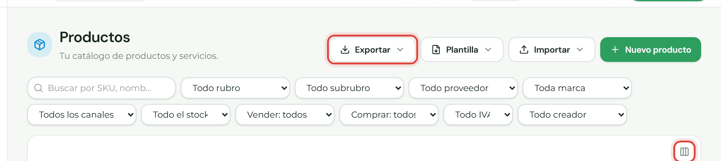 Listado de Productos con los botones Exportar e Importar y el ícono de columnas resaltados