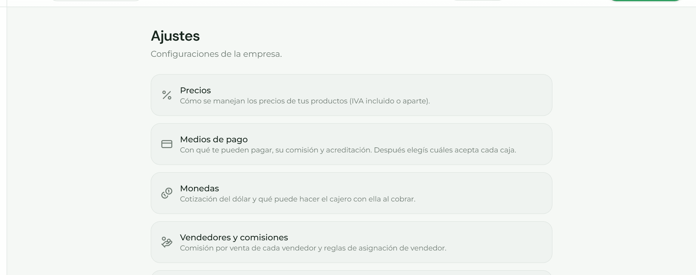 Pantalla de ajustes agrupados por tema