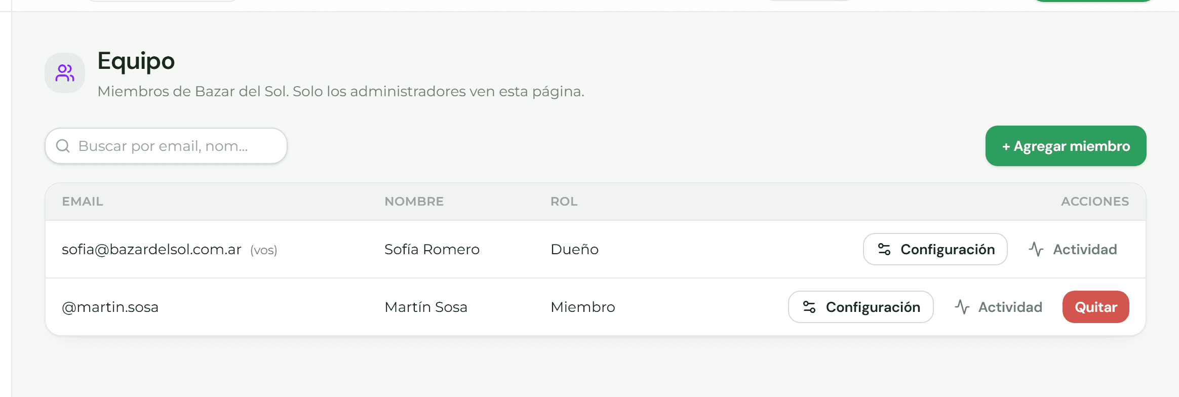 Listado del equipo con los roles asignados