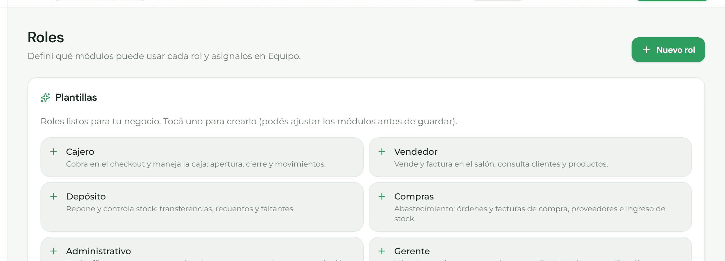 Pantalla de roles con sus permisos