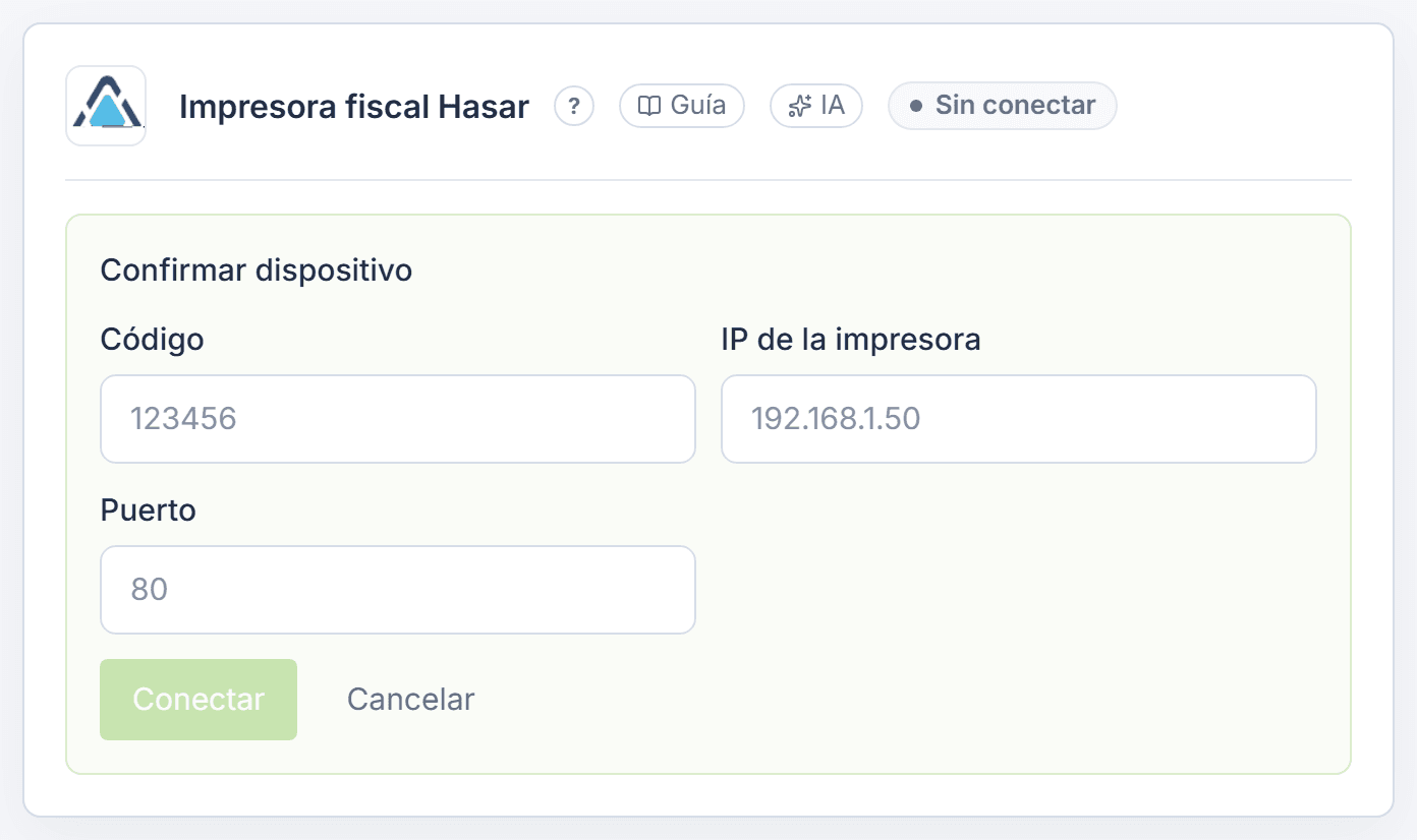 Formulario para conectar a mano, con Código, IP de la impresora y Puerto