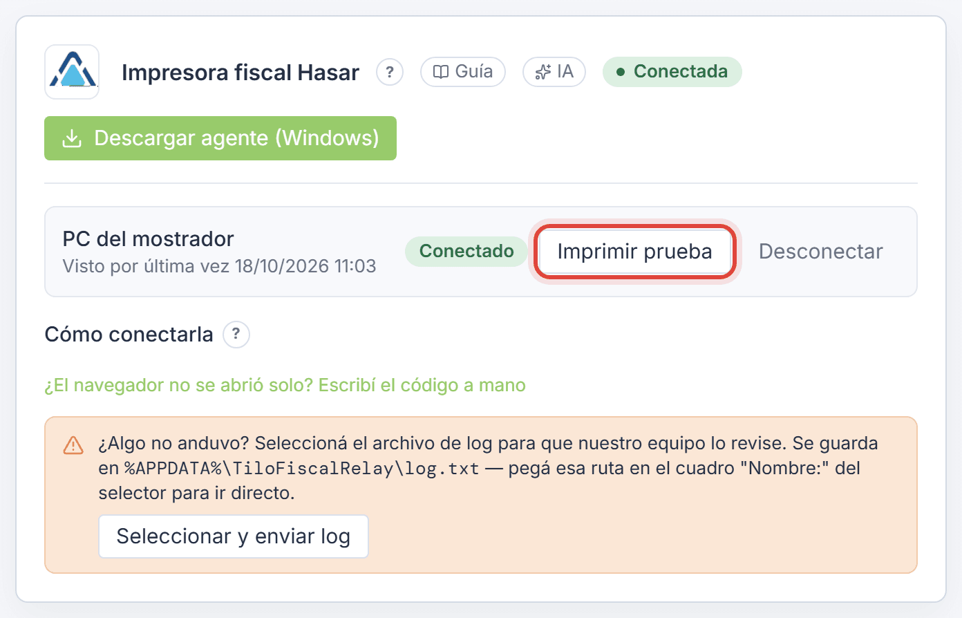 Impresora conectada en la lista, con Visto por última vez y los botones Imprimir prueba y Desconectar