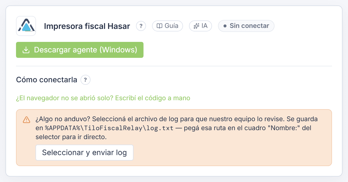 Pantalla de la impresora fiscal Hasar sin conectar