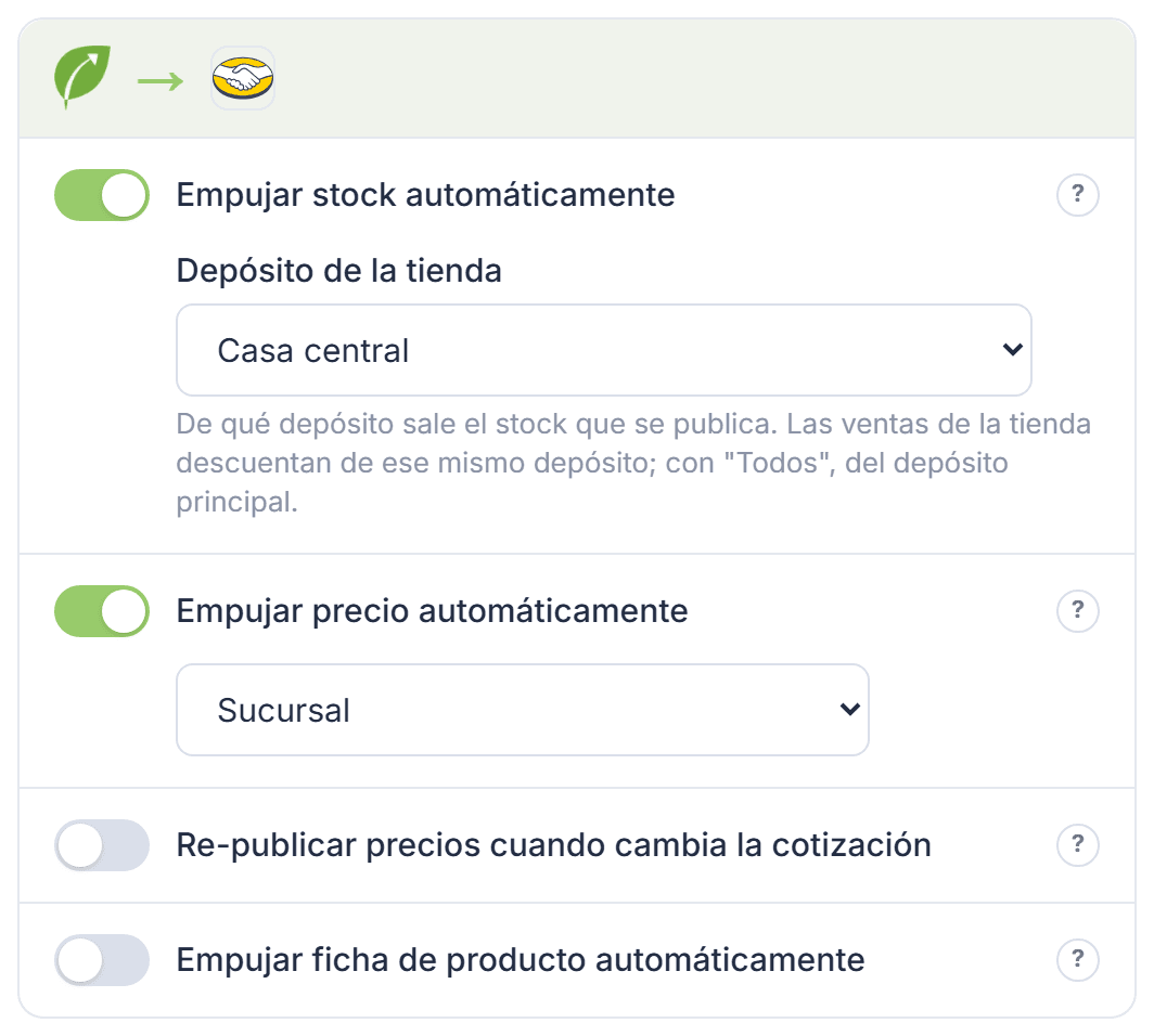 Tarjeta de Tilo hacia Mercado Libre, con los interruptores de stock y precio
