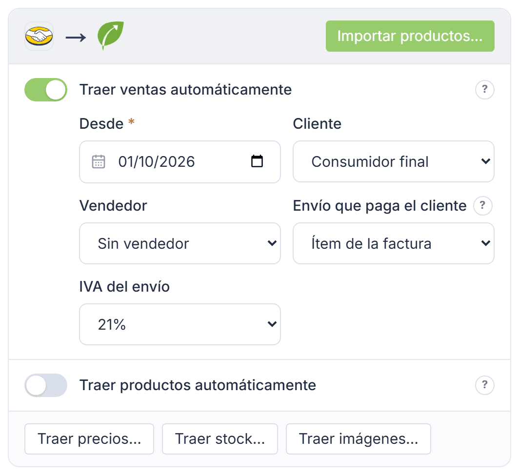 Tarjeta de Mercado Libre hacia Tilo, con Traer ventas automáticamente y sus campos