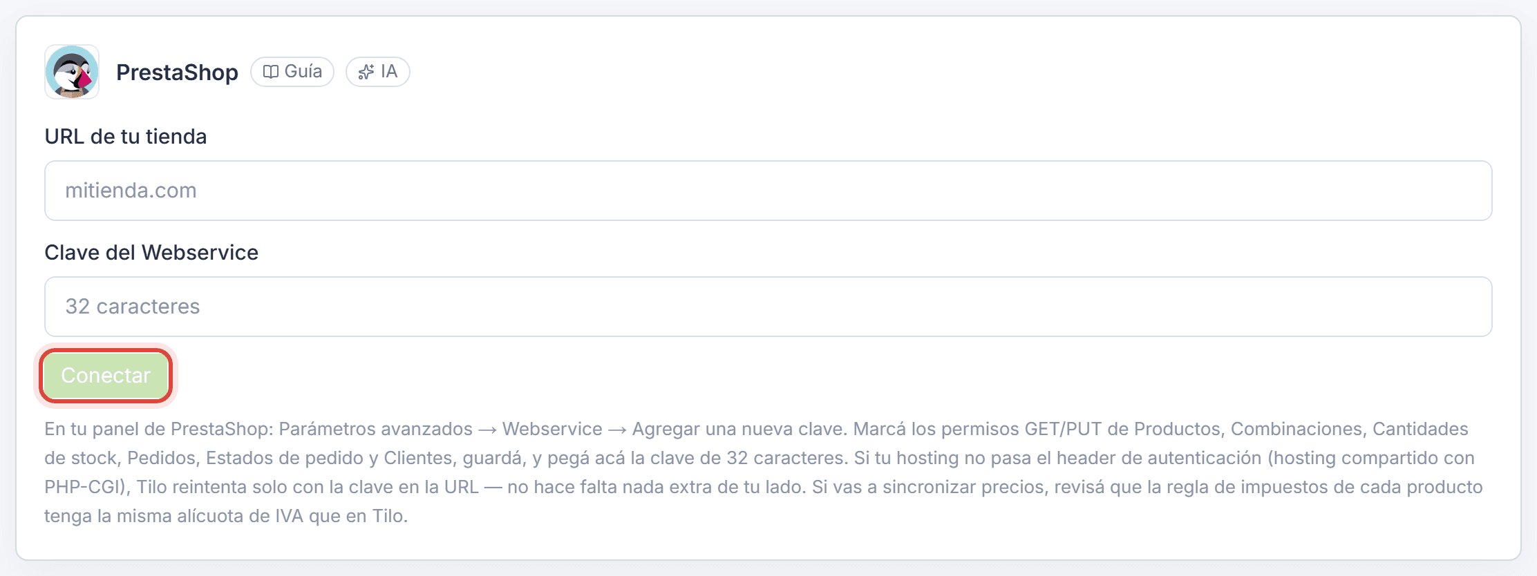 Formulario de conexión de PrestaShop con URL de tu tienda y Clave del Webservice
