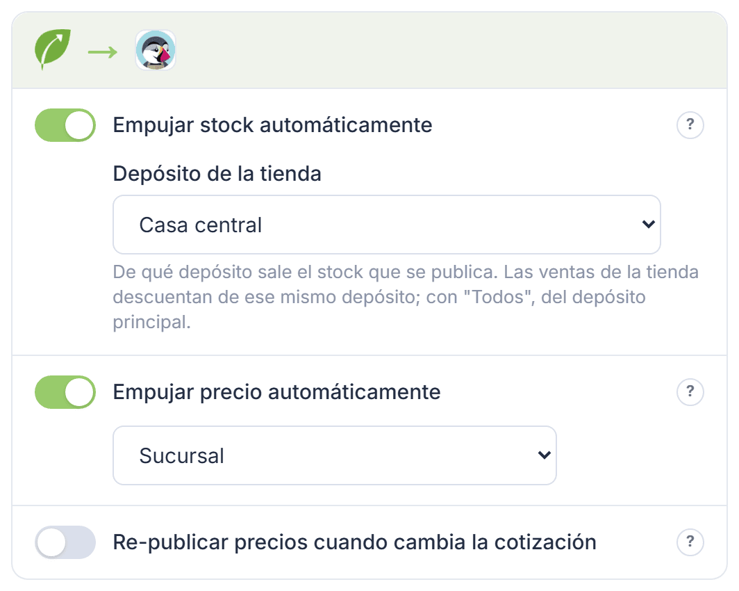 Tarjeta de Tilo hacia PrestaShop, con los interruptores de stock y precio