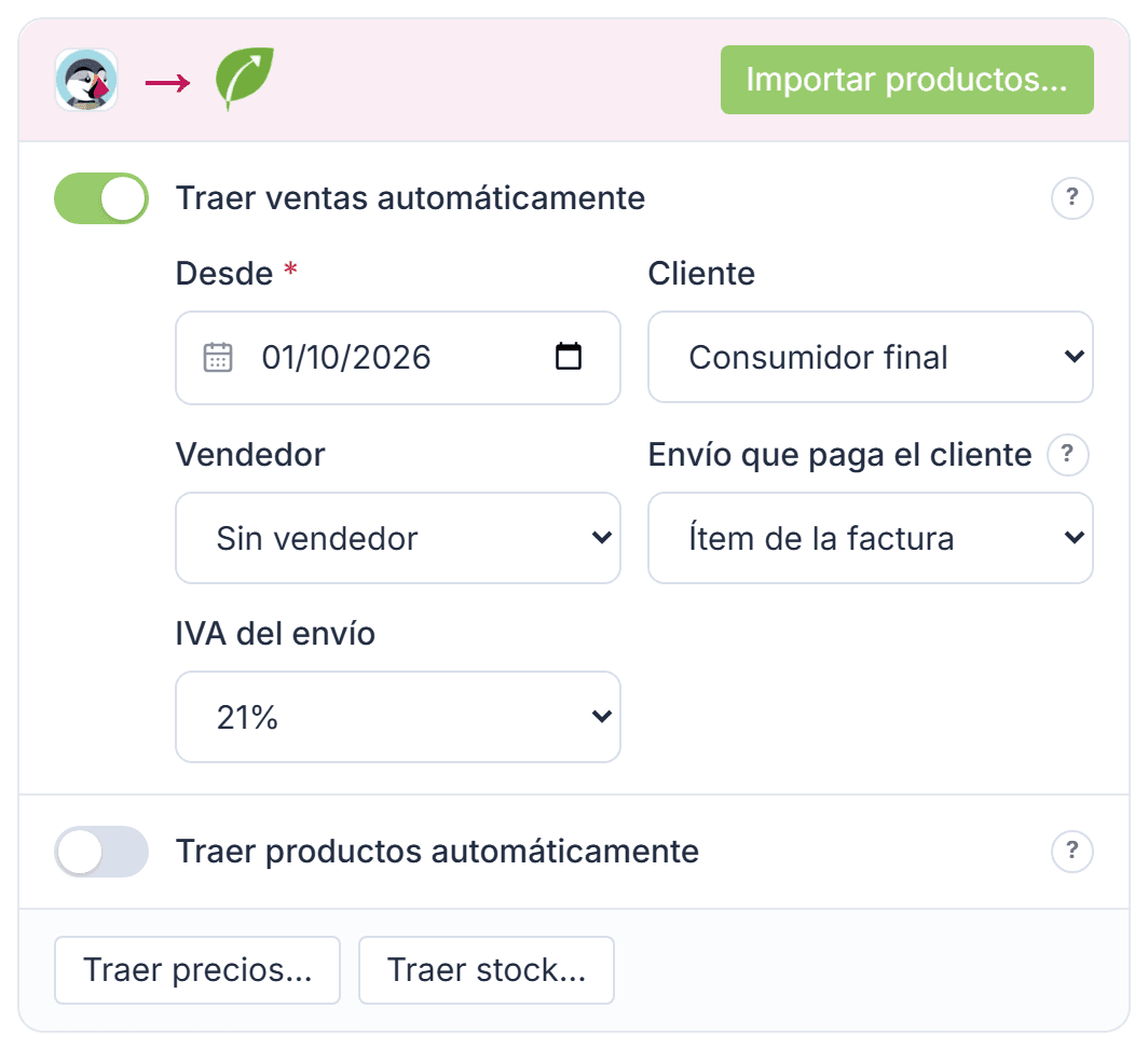 Tarjeta de PrestaShop hacia Tilo, con Traer ventas automáticamente y sus campos