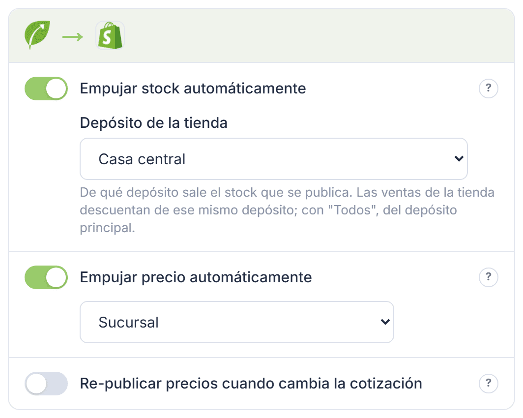 Tarjeta de Tilo hacia Shopify, con los interruptores de stock y precio