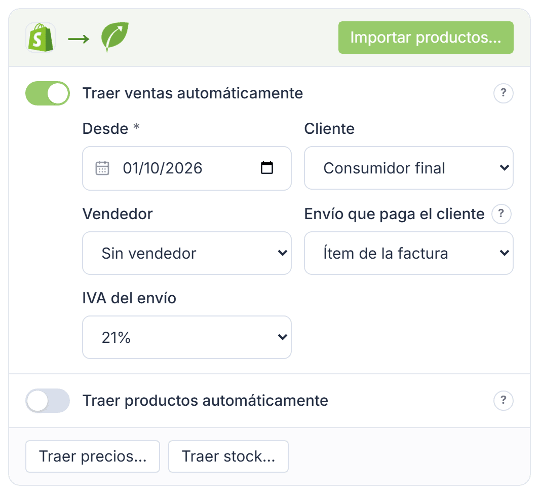 Tarjeta de Shopify hacia Tilo, con Traer ventas automáticamente y sus campos