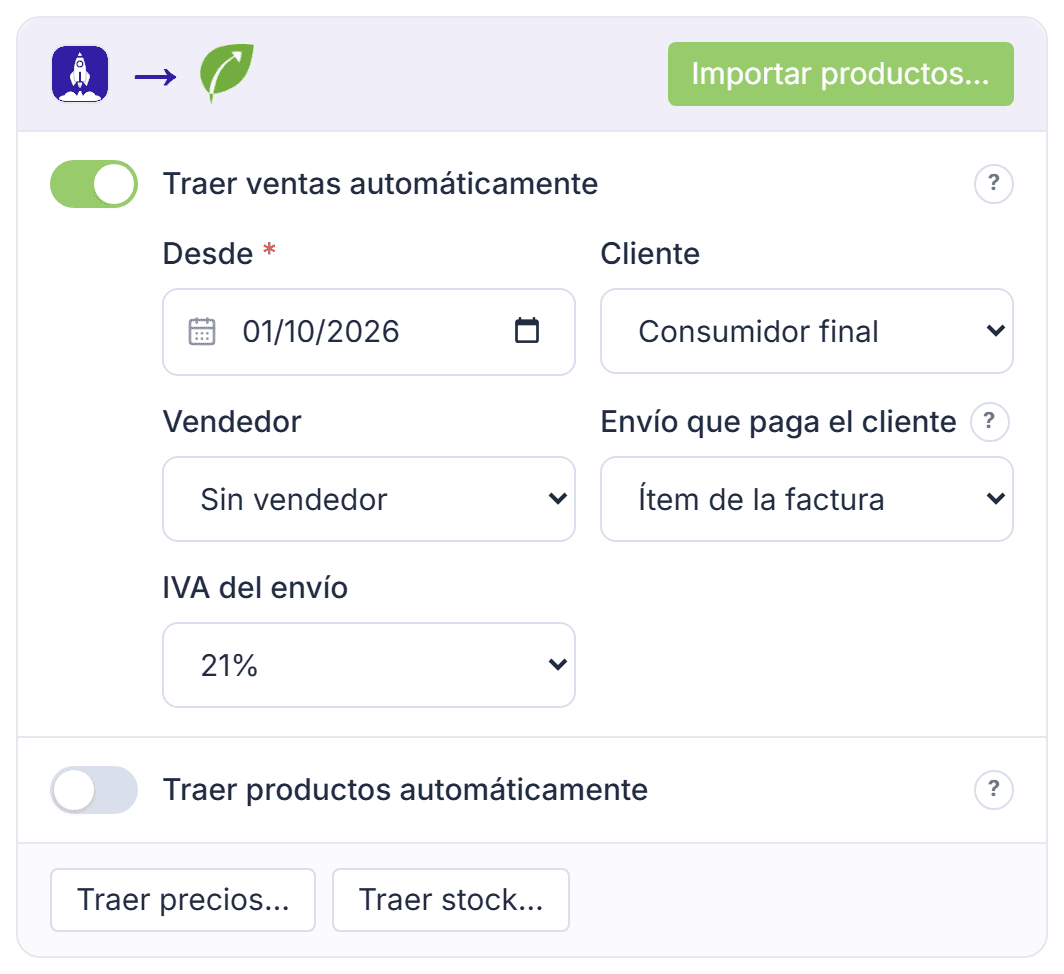 Tarjeta de Tienda Negocio hacia Tilo, con Traer ventas automáticamente y sus campos