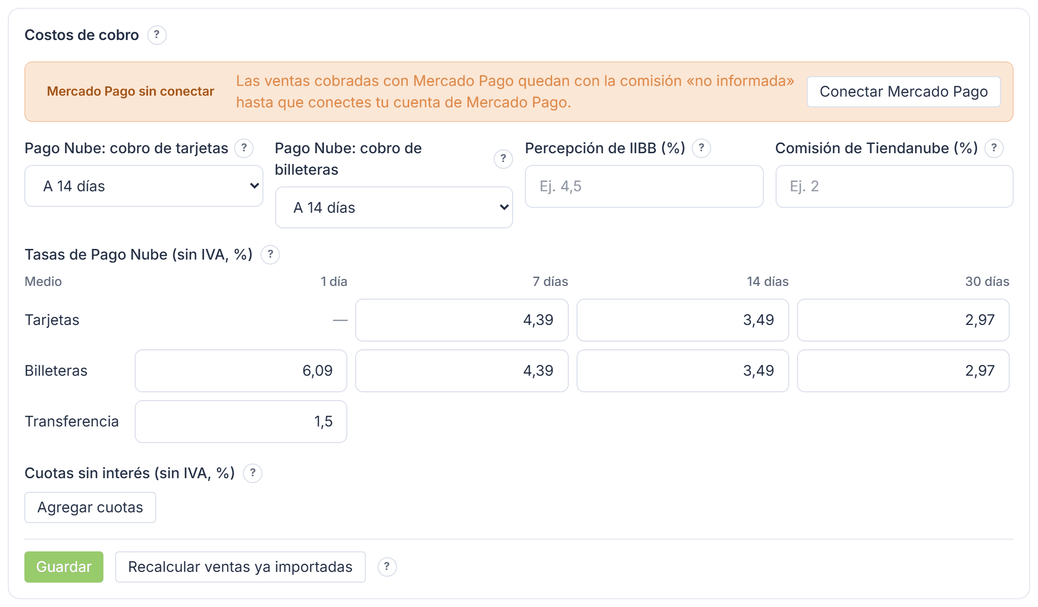 Recuadro Costos de cobro, con los plazos y las tasas de Pago Nube