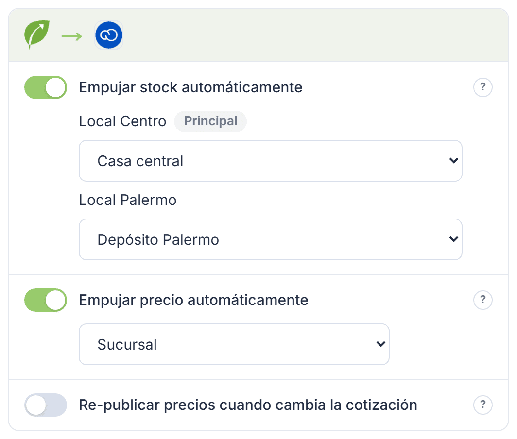 Tarjeta de Tilo hacia Tiendanube, con los interruptores de stock y precio