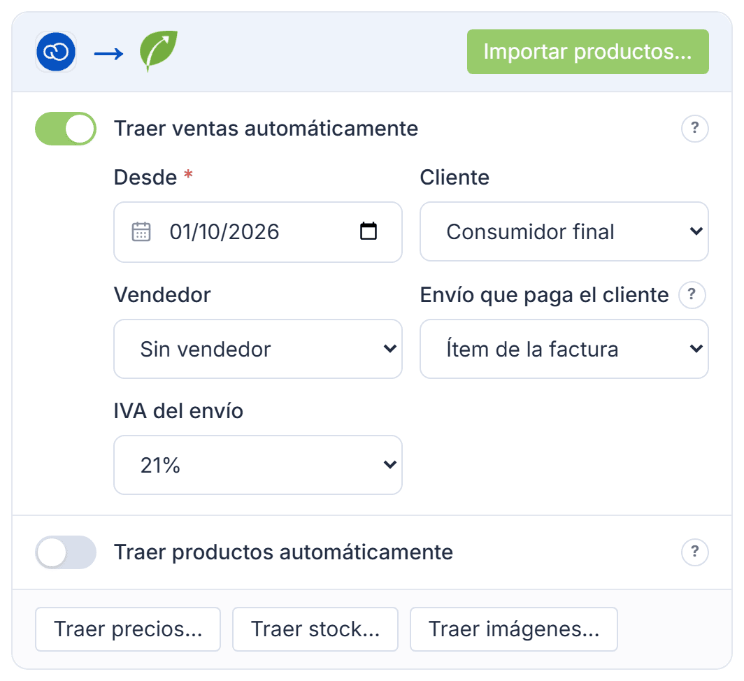 Tarjeta de Tiendanube hacia Tilo, con Traer ventas automáticamente y sus campos