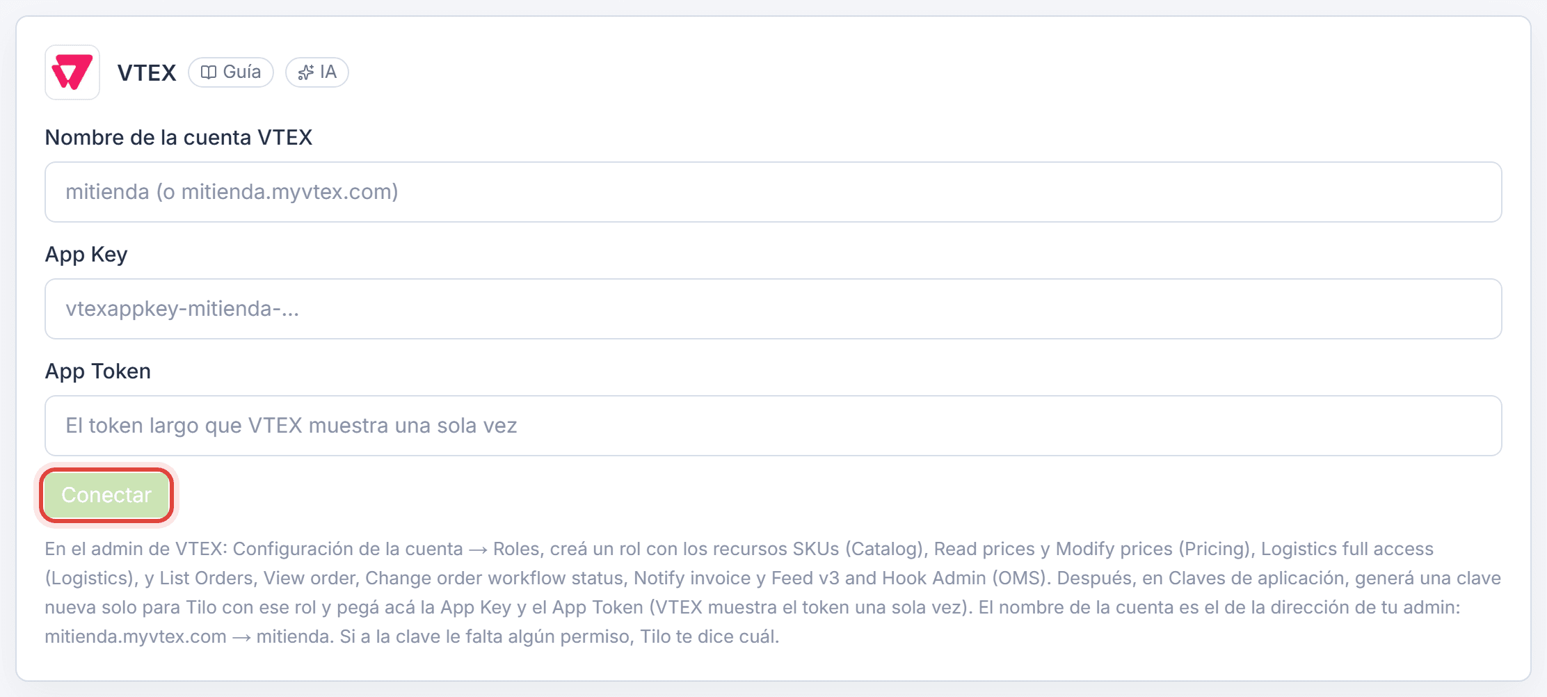 Formulario de conexión de VTEX con Nombre de la cuenta VTEX, App Key y App Token