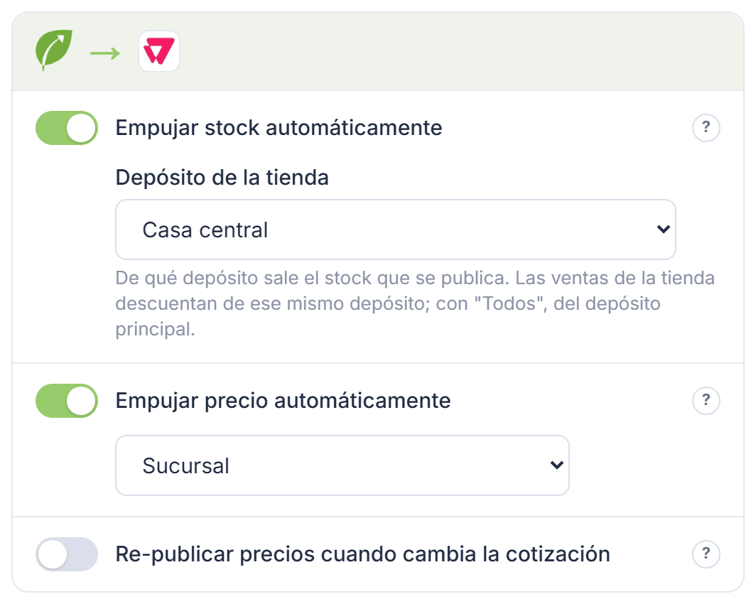 Tarjeta de Tilo hacia VTEX, con los interruptores de stock y precio