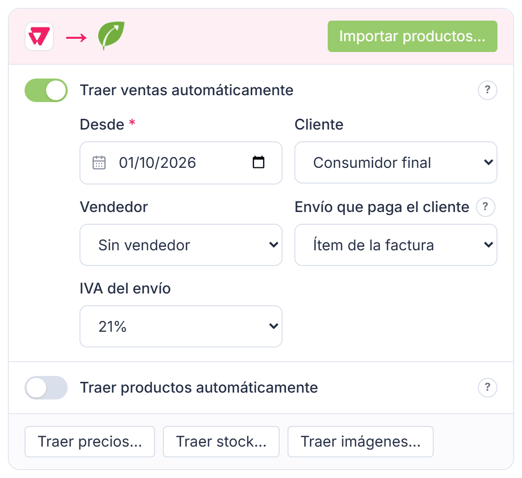Tarjeta de VTEX hacia Tilo, con Traer ventas automáticamente y sus campos