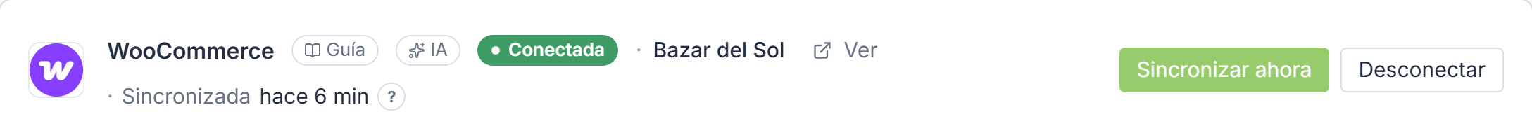 Franja de WooCommerce conectada: estado Conectada, nombre de la cuenta, hace cuánto se sincronizó y los botones Sincronizar ahora y Desconectar