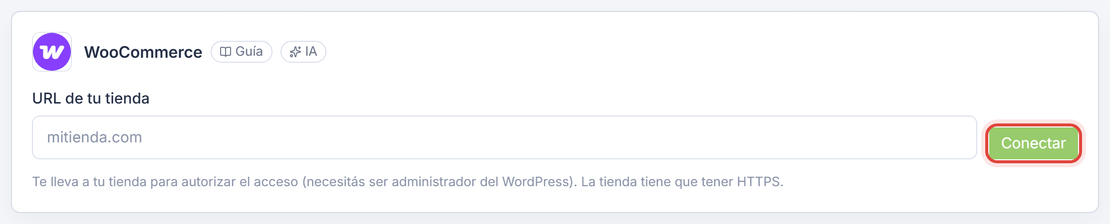 Tarjeta de WooCommerce sin conectar, con el campo URL de tu tienda y el botón Conectar