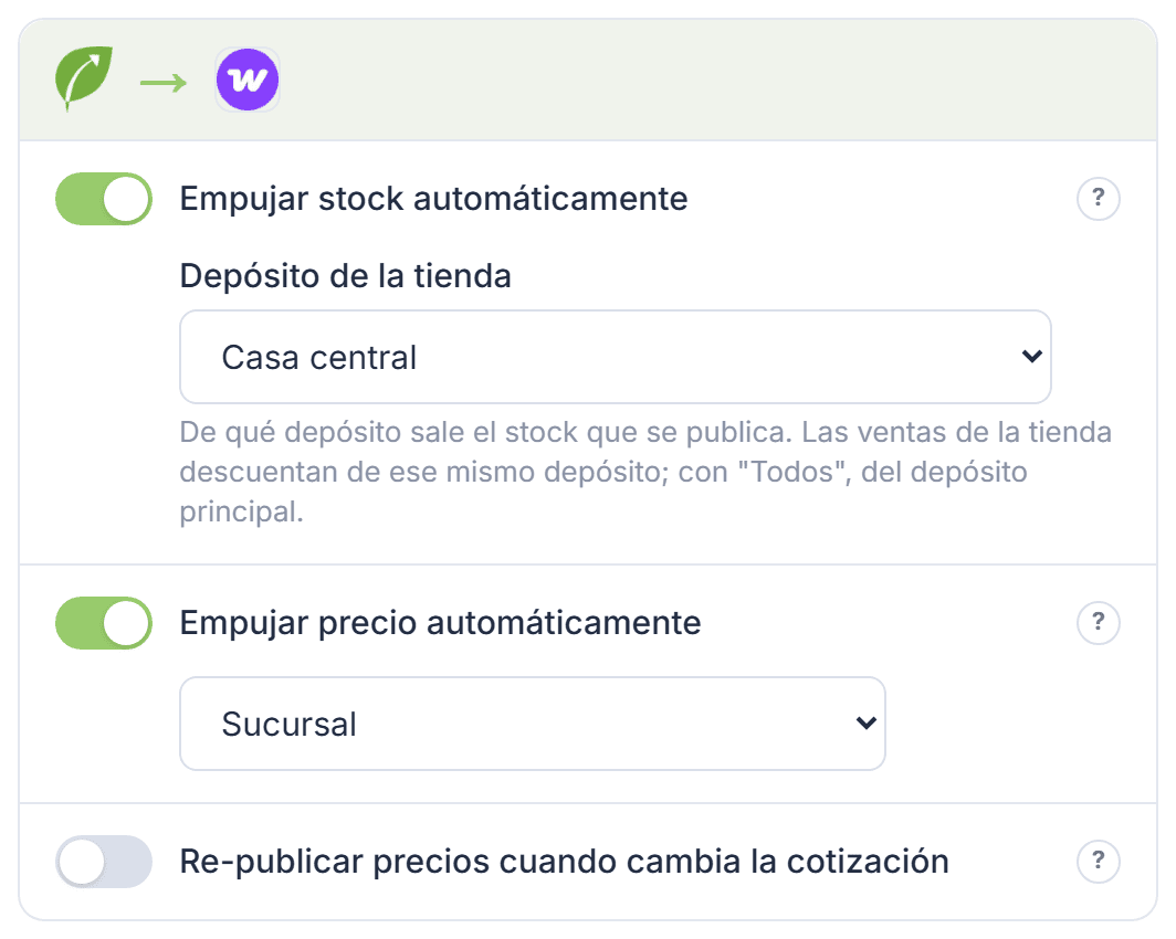 Tarjeta de Tilo hacia WooCommerce, con los interruptores de stock y precio