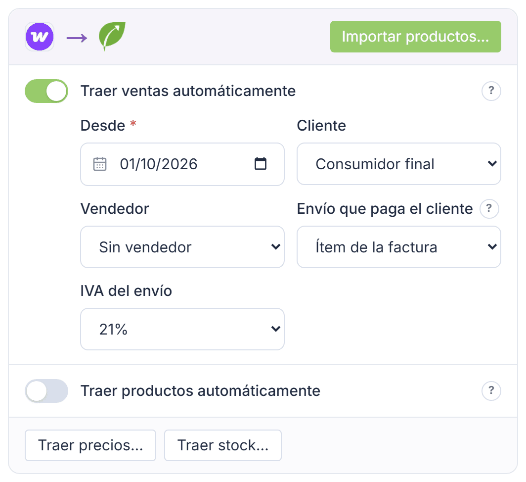 Tarjeta de WooCommerce hacia Tilo, con Traer ventas automáticamente y sus campos