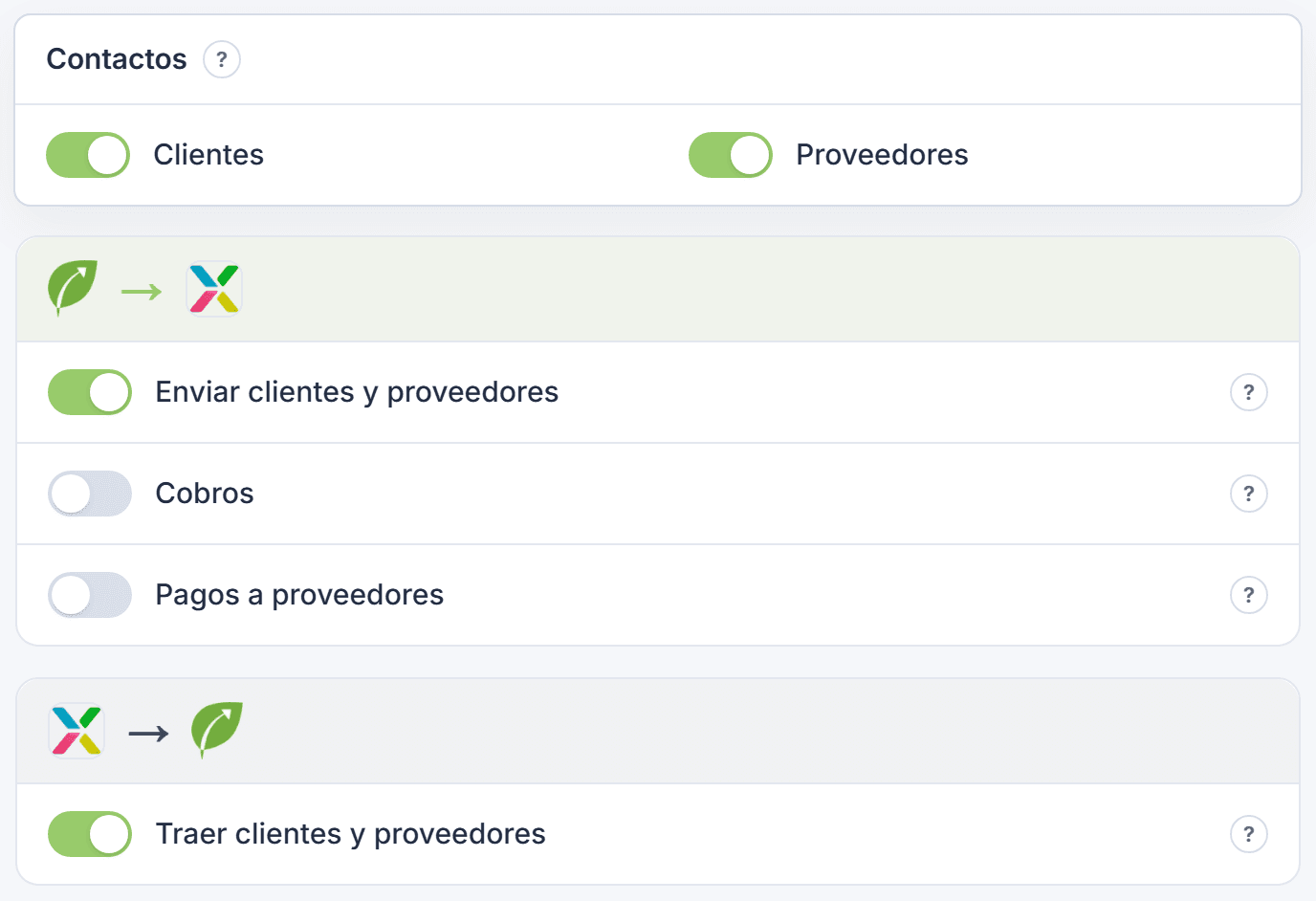 Ajustes de Xubio: Contactos con Clientes y Proveedores, y los interruptores de Tilo hacia Xubio y de Xubio hacia Tilo
