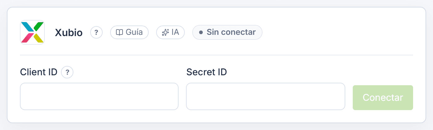 Tarjeta de Xubio sin conectar, con los campos Client ID y Secret ID y el botón Conectar